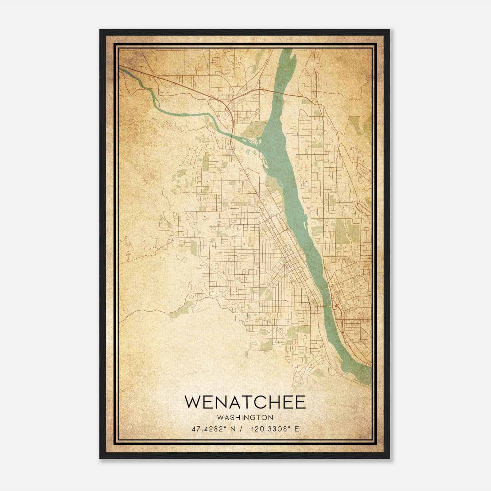 Vintage Wenatchee Washington Map Poster, Modern Home Decor Wall Art Print