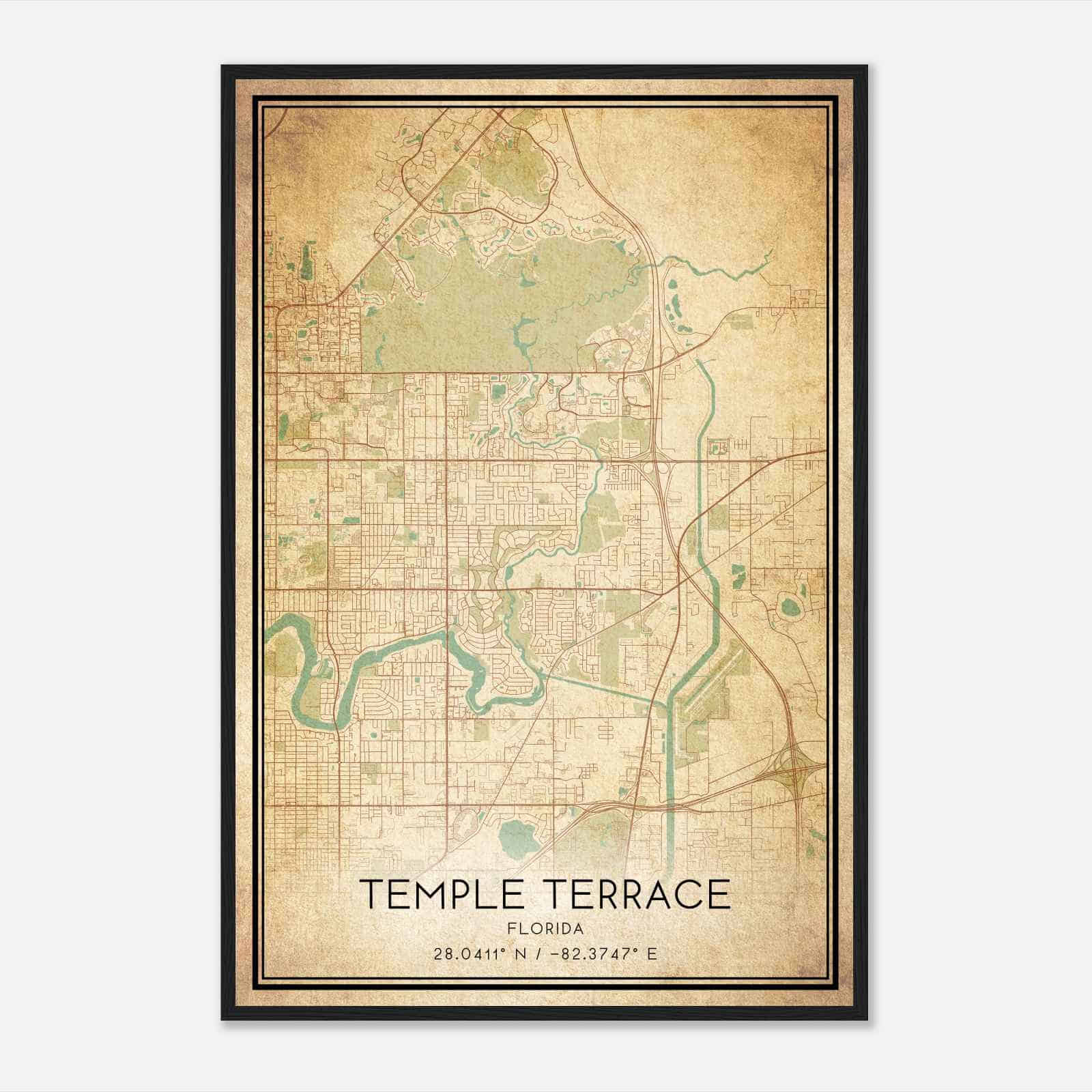 Vintage Temple Terrace Florida Map Poster, Modern Home Decor Wall Art Print