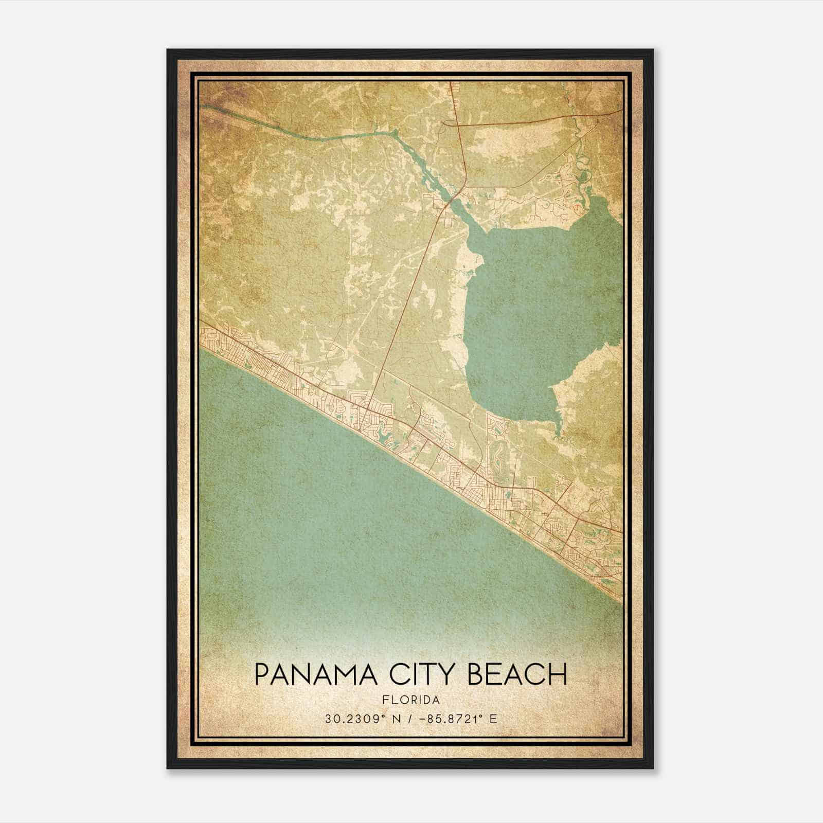 Vintage Panama City Beach Florida Map Poster, Modern Home Decor Wall Art Print