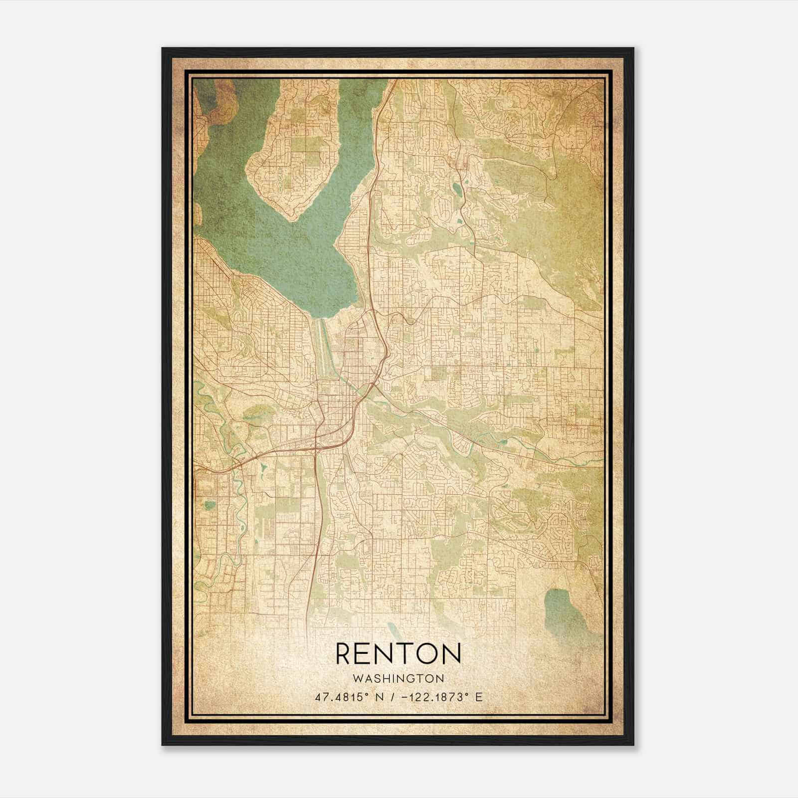 Vintage Renton Washington Map Poster, Modern Home Decor Wall Art Print