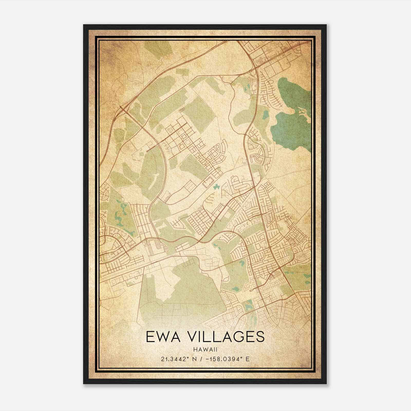 Vintage Ewa Villages Hawaii Map Poster, Modern Home Decor Wall Art Print