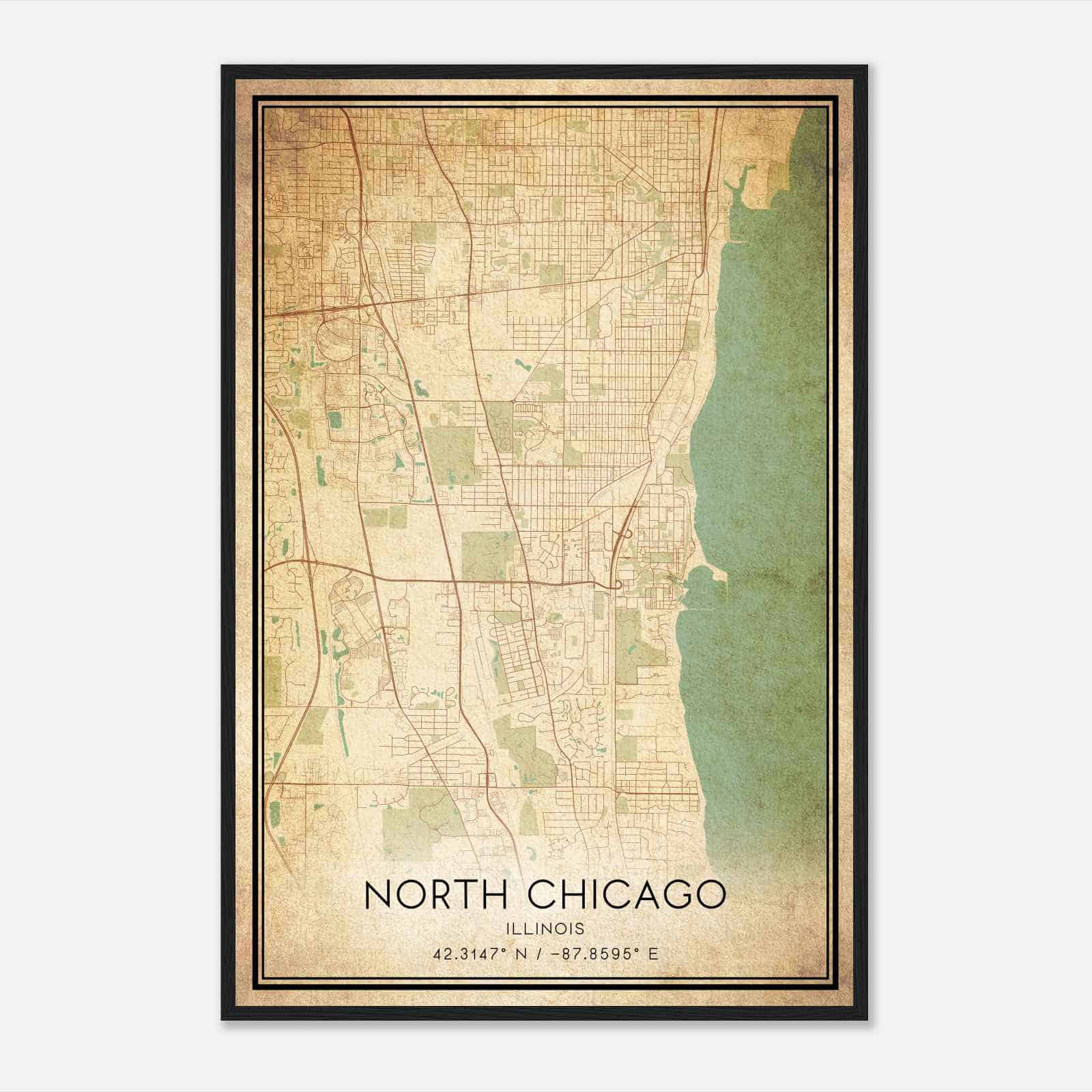 Vintage North Chicago Illinois Map Poster, Modern Home Decor Wall Art Print