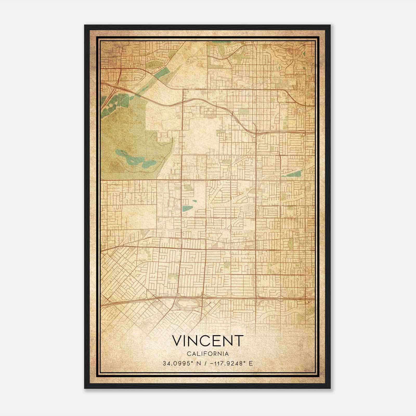 Vintage Vincent California Map Poster, Modern Home Decor Wall Art Print
