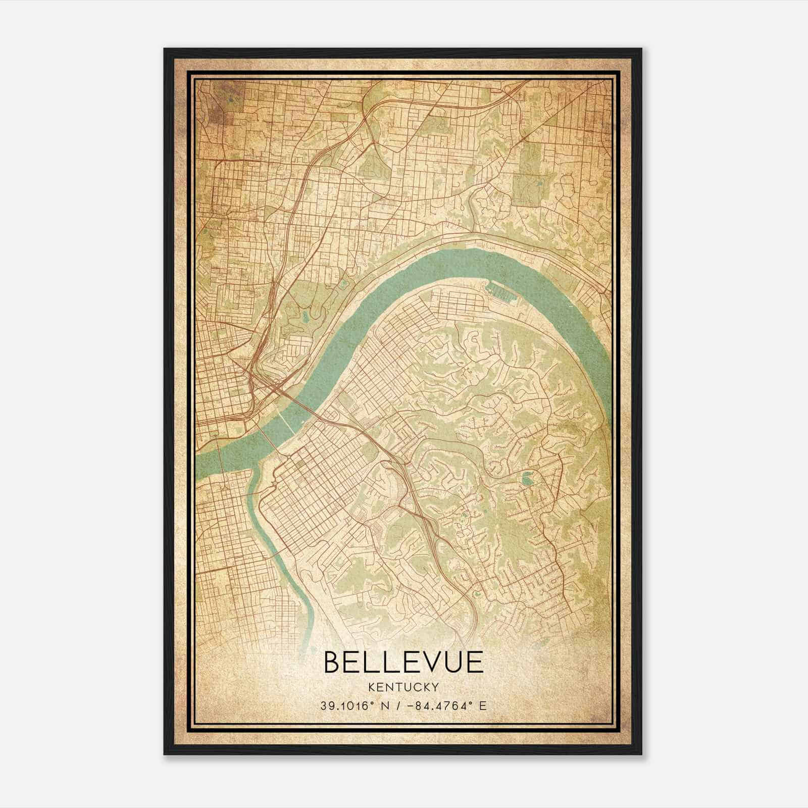 Vintage Bellevue Kentucky Map Poster, Modern Home Decor Wall Art Print