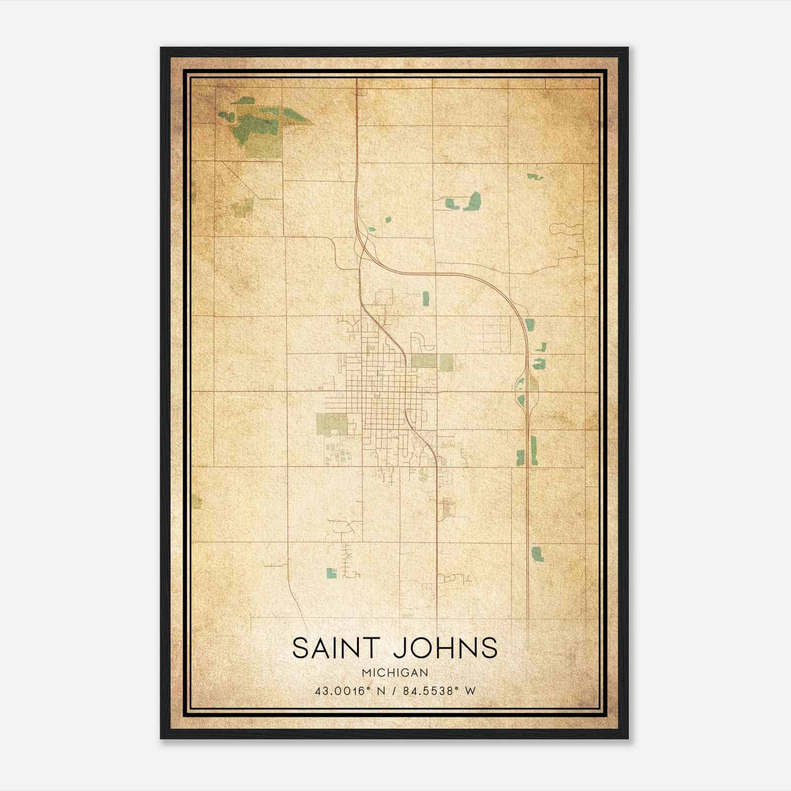Vintage Saint Johns Michigan Map Poster, Modern Home Decor Wall Art Print