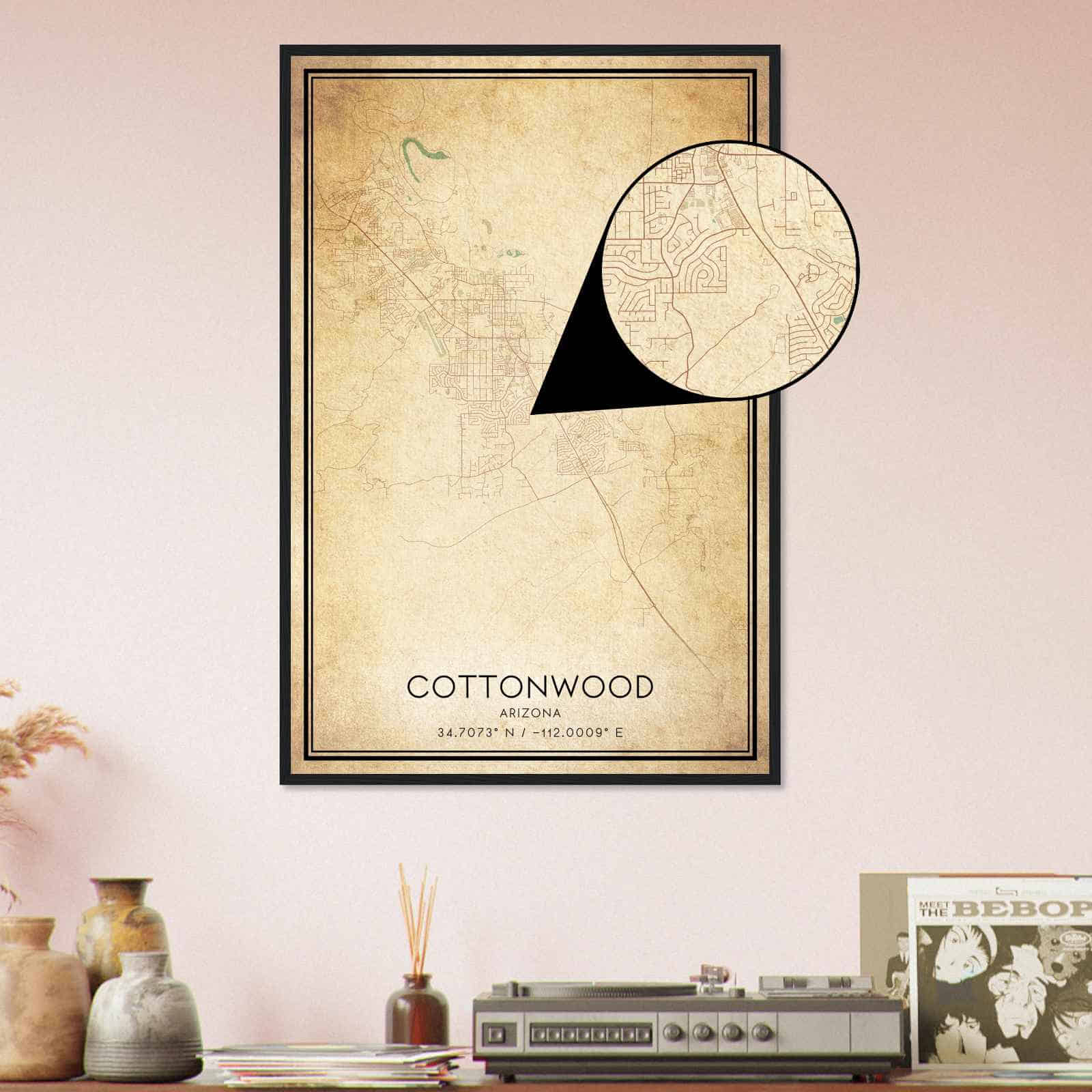 Vintage Cottonwood Arizona Map Poster, Modern Home Decor Wall Art Print