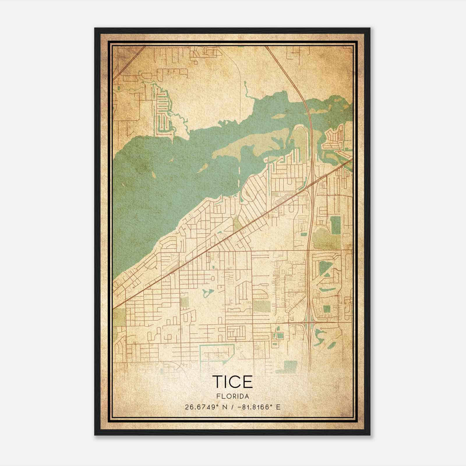 Vintage Tice Florida Map Poster, Modern Home Decor Wall Art Print