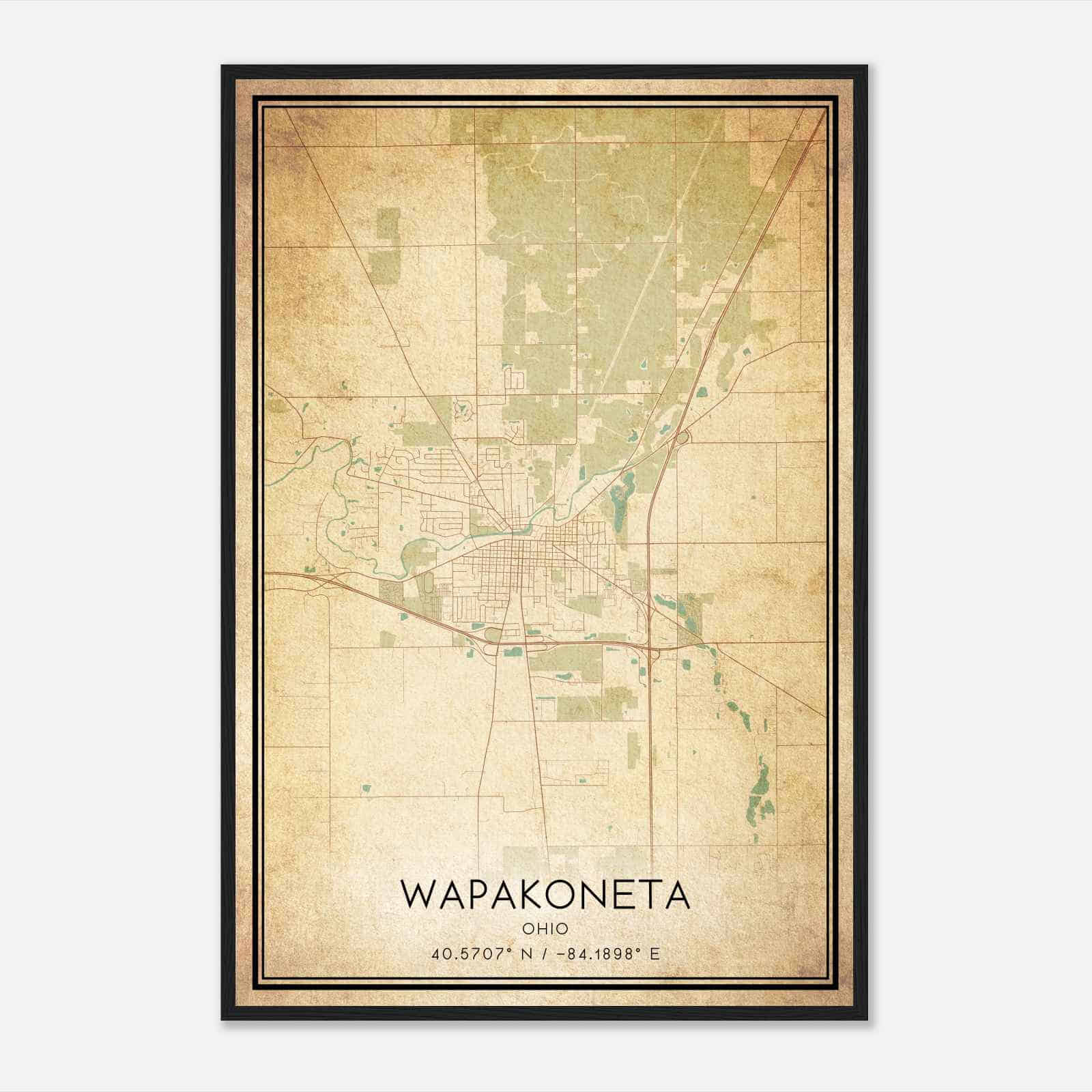 Vintage Wapakoneta Ohio Map Poster, Modern Home Decor Wall Art Print