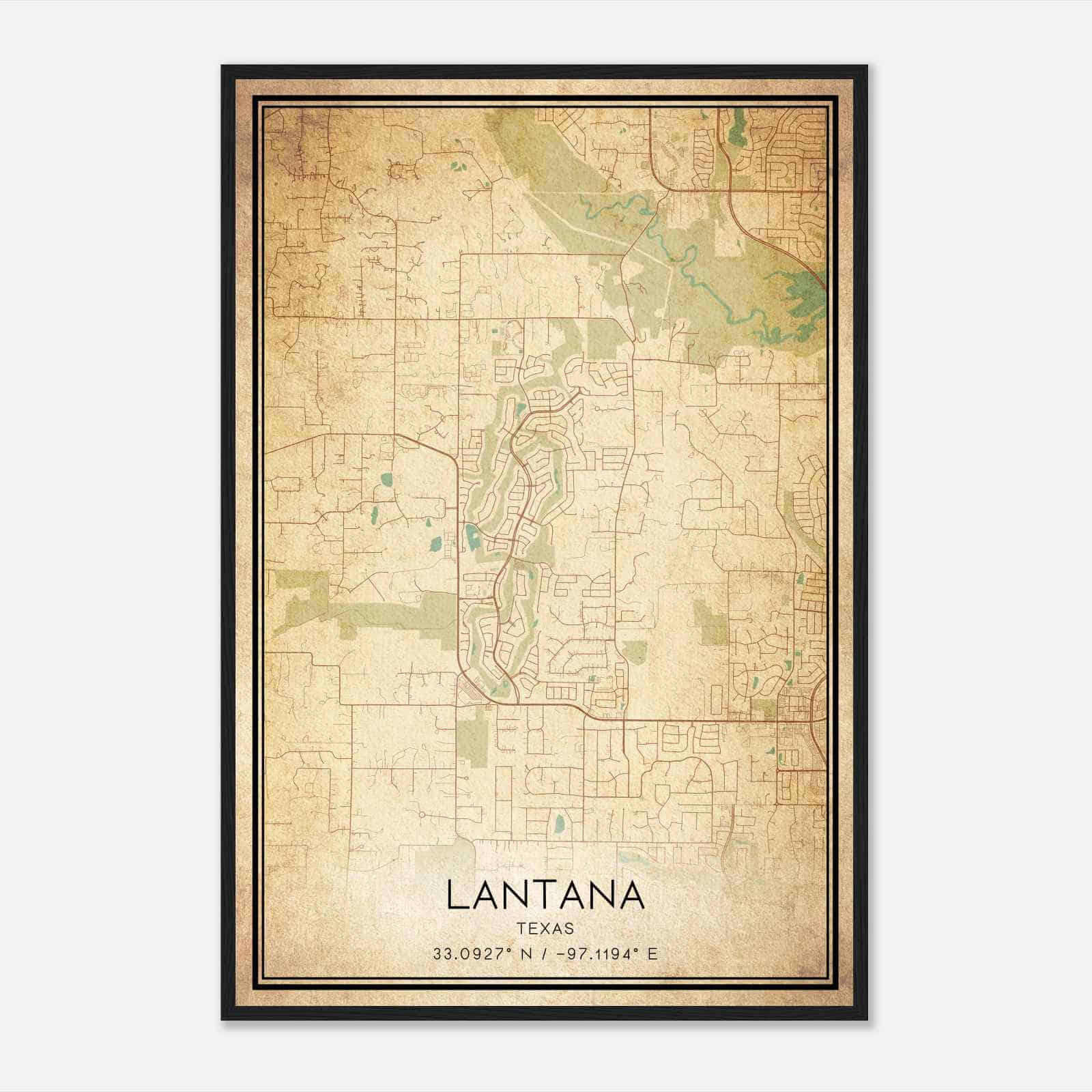 Vintage Lantana Texas Map Poster, Modern Home Decor Wall Art Print