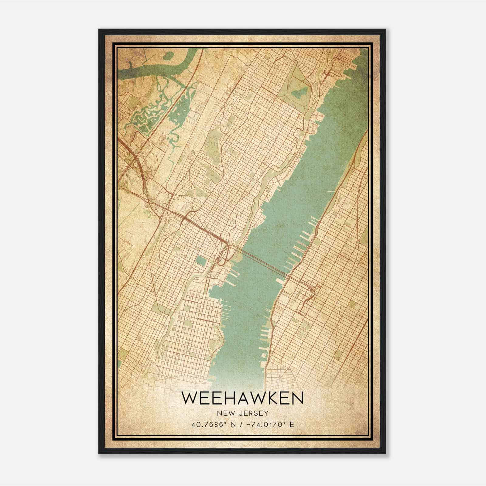 Vintage Weehawken New Jersey Map Poster, Modern Home Decor Wall Art Print