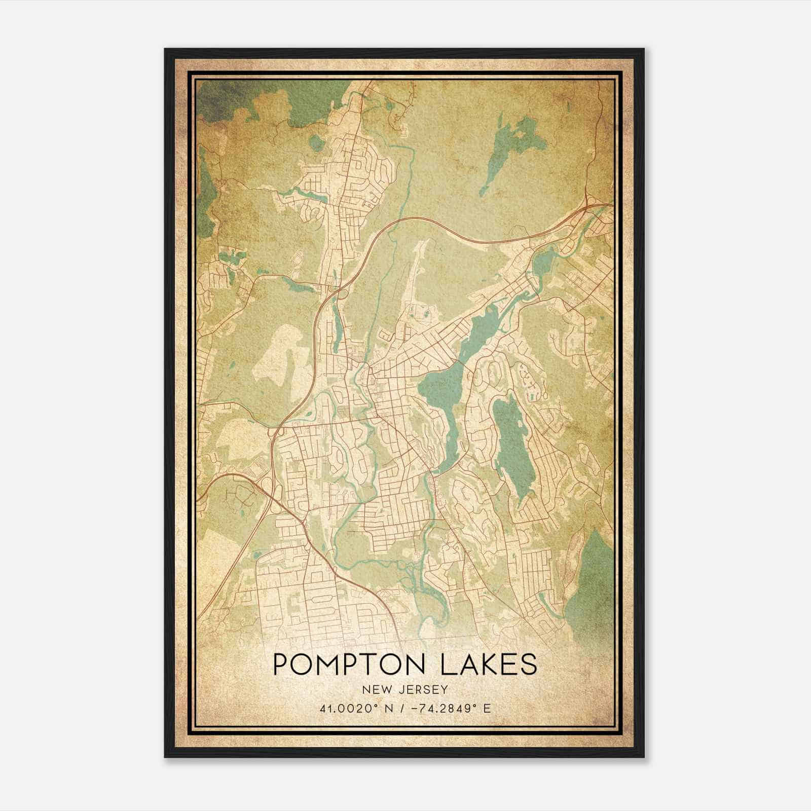 Vintage Pompton Lakes New Jersey Map Poster, Modern Home Decor Wall Art Print