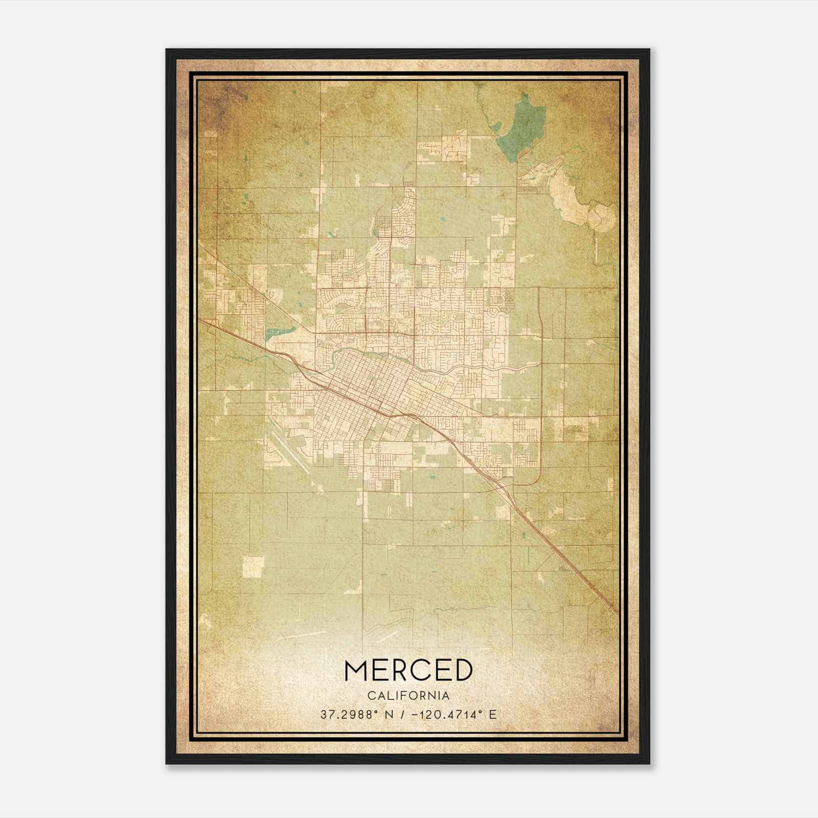 Vintage Merced California Map Poster, Modern Home Decor Wall Art Print