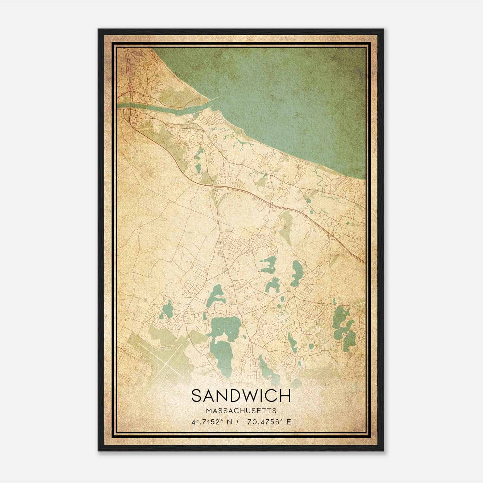 Vintage Sandwich Massachusetts Map Poster, Modern Home Decor Wall Art Print