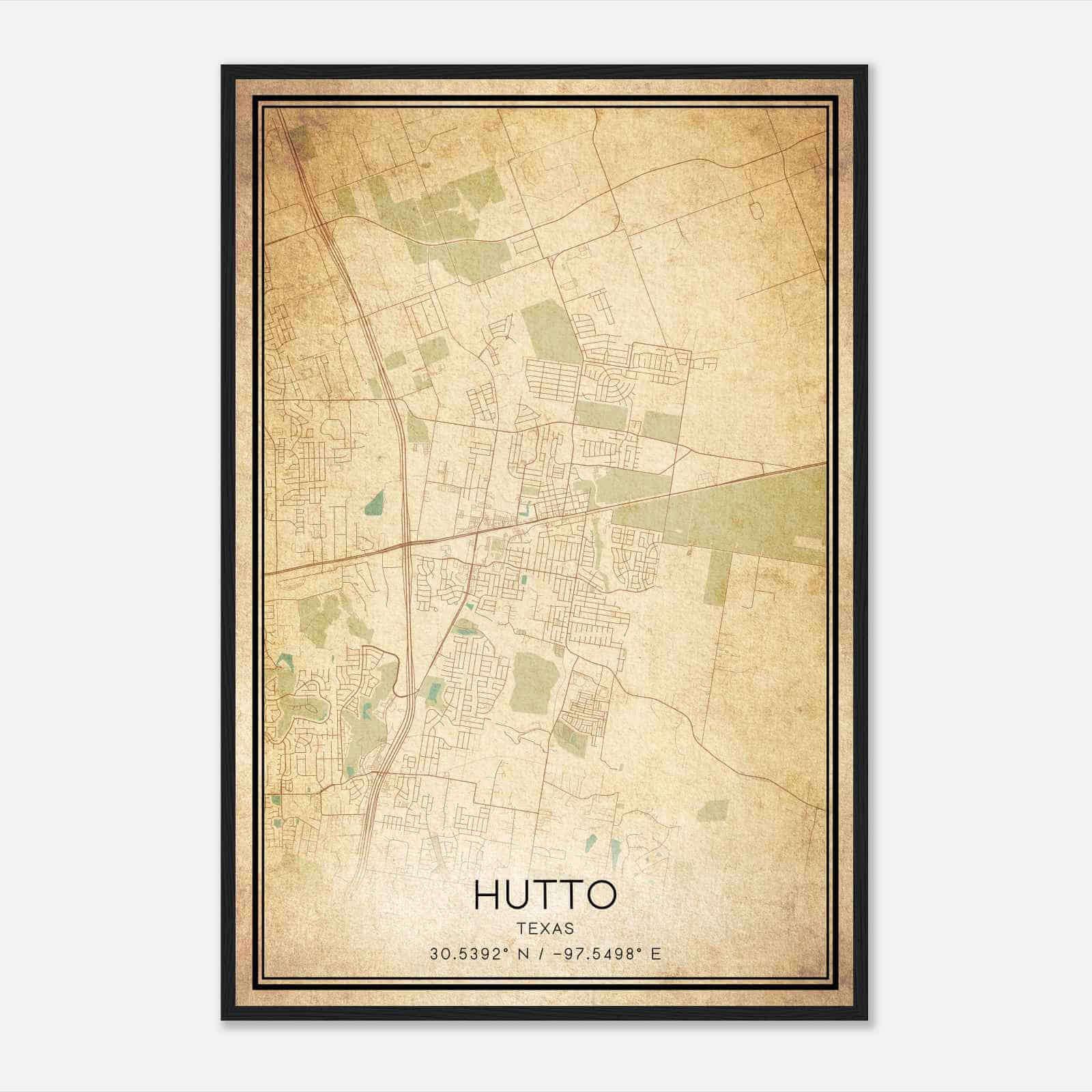 Vintage Hutto Texas Map Poster, Modern Home Decor Wall Art Print