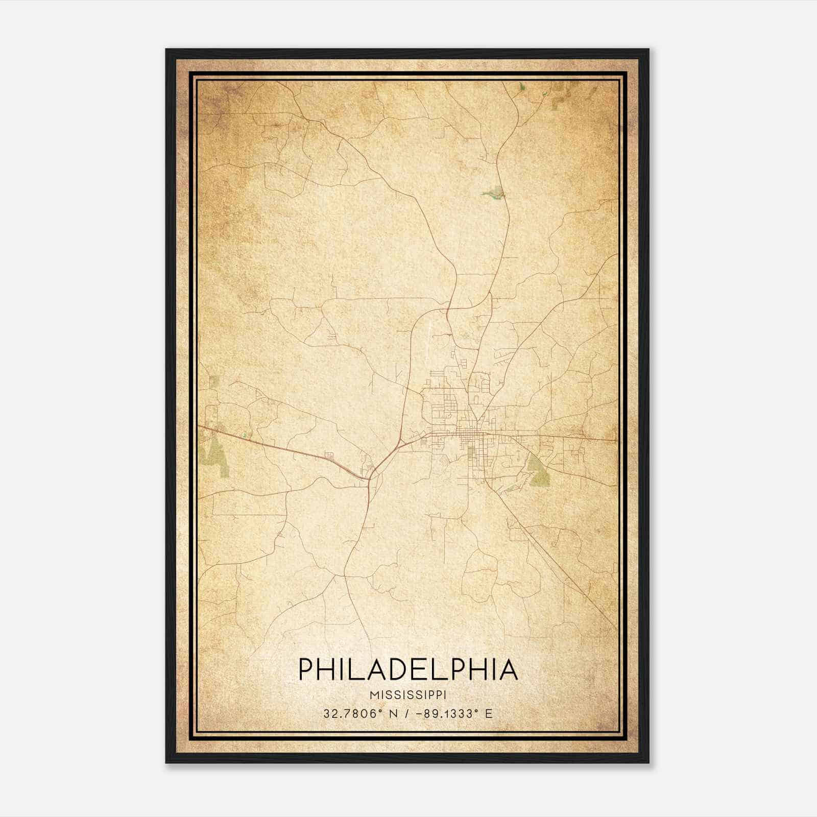 Vintage Philadelphia Mississippi Map Poster, Modern Home Decor Wall Art Print