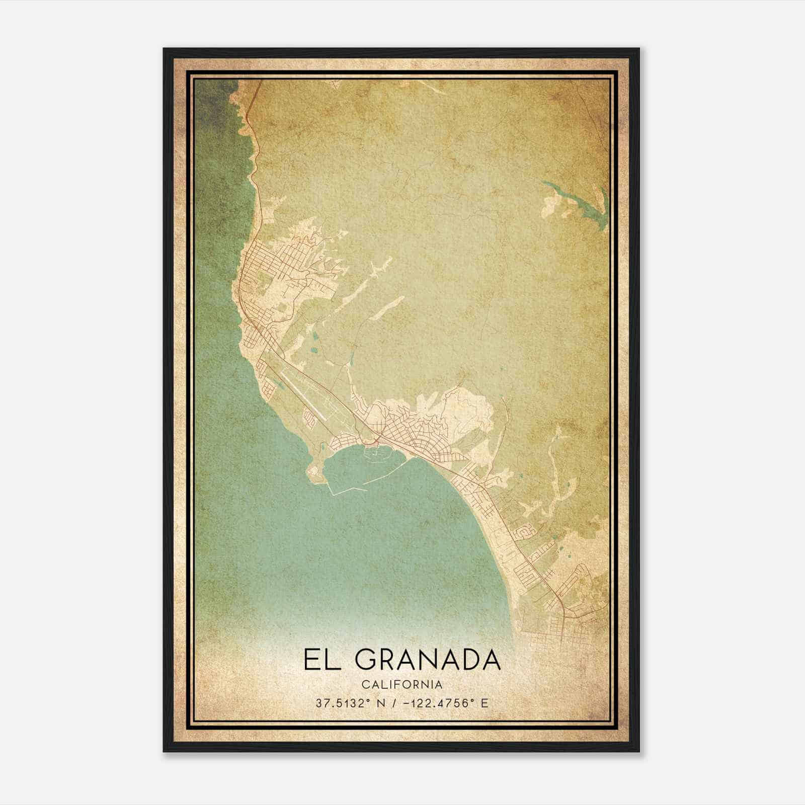Vintage El Granada California Map Poster, Modern Home Decor Wall Art Print
