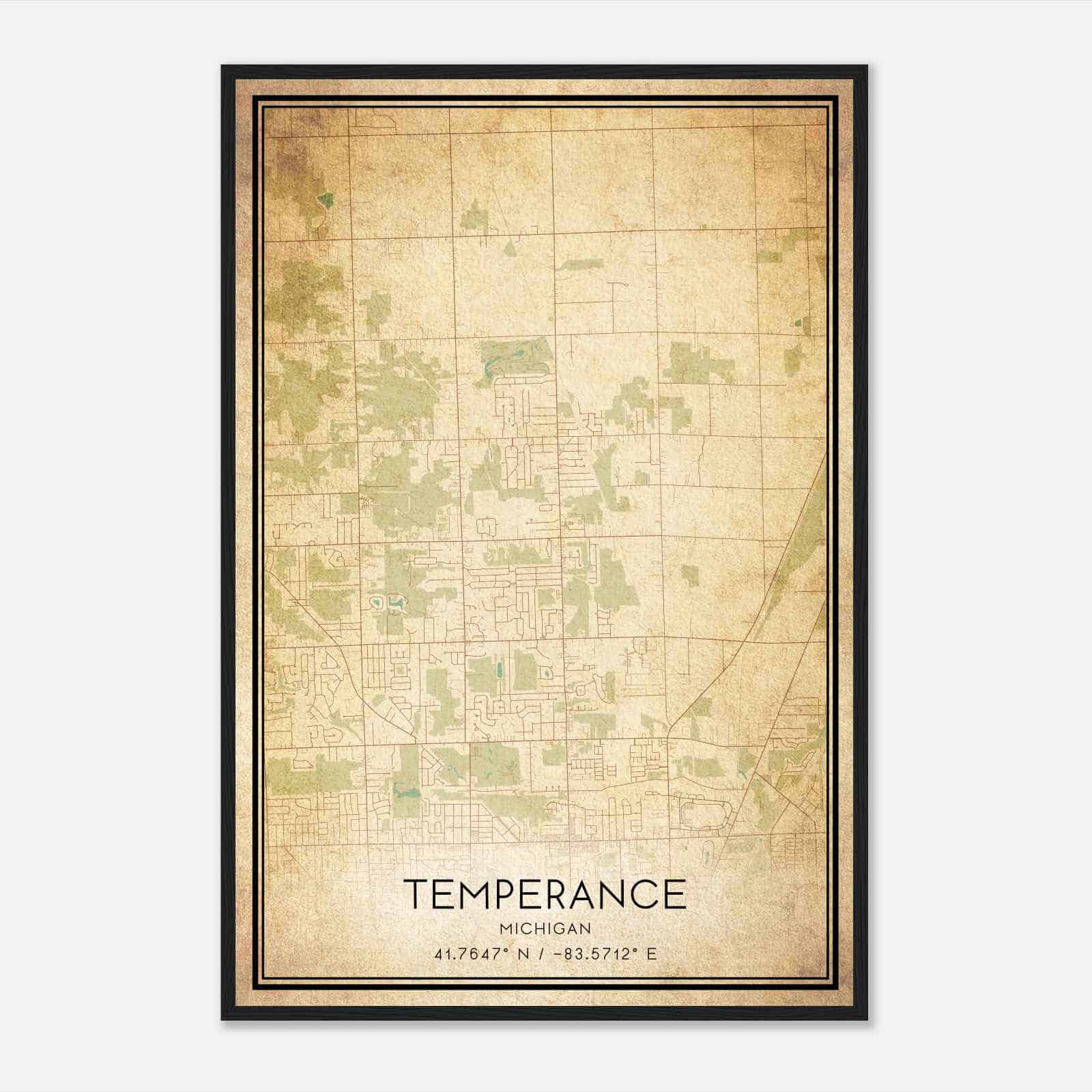 Vintage Temperance Michigan Map Poster, Modern Home Decor Wall Art Print