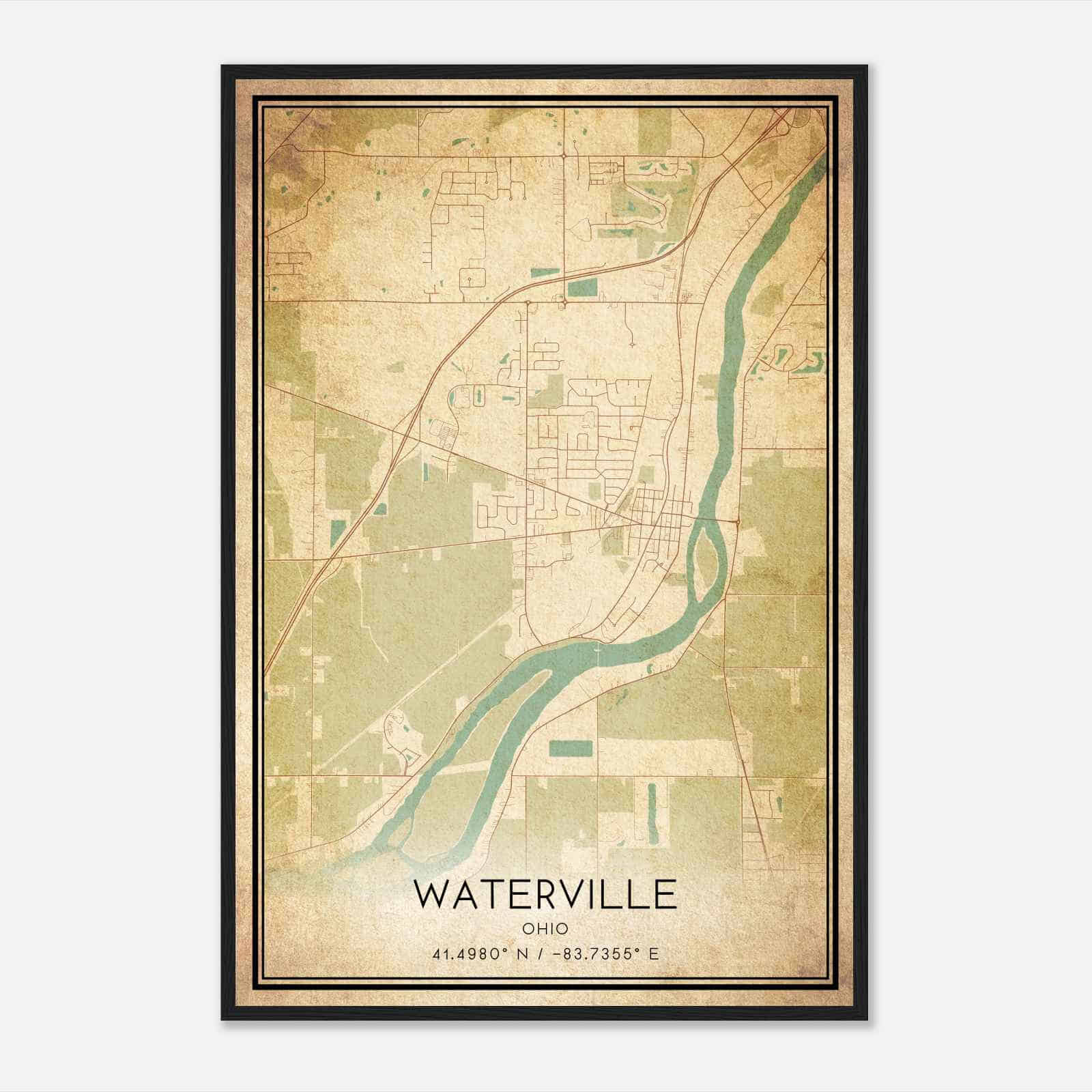 Vintage Waterville Ohio Map Poster, Modern Home Decor Wall Art Print