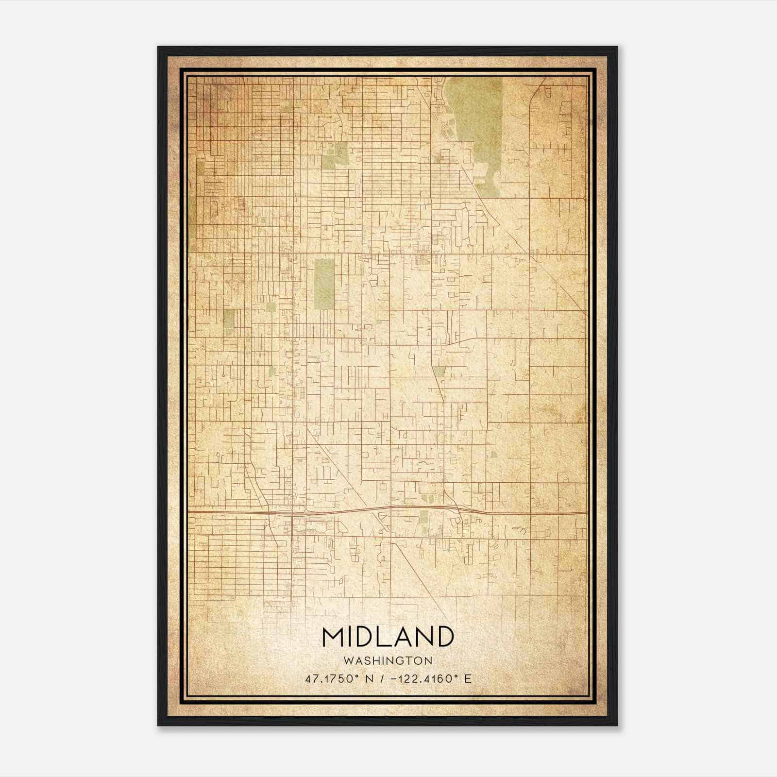 Vintage Midland Washington Map Poster, Modern Home Decor Wall Art Print