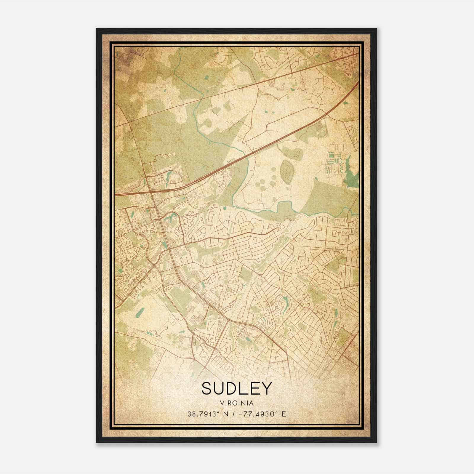 Vintage Sudley Virginia Map Poster, Modern Home Decor Wall Art Print