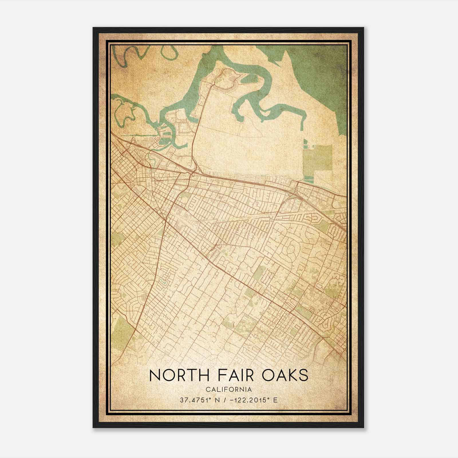 Vintage North Fair Oaks California Map Poster, Modern Home Decor Wall Art Print