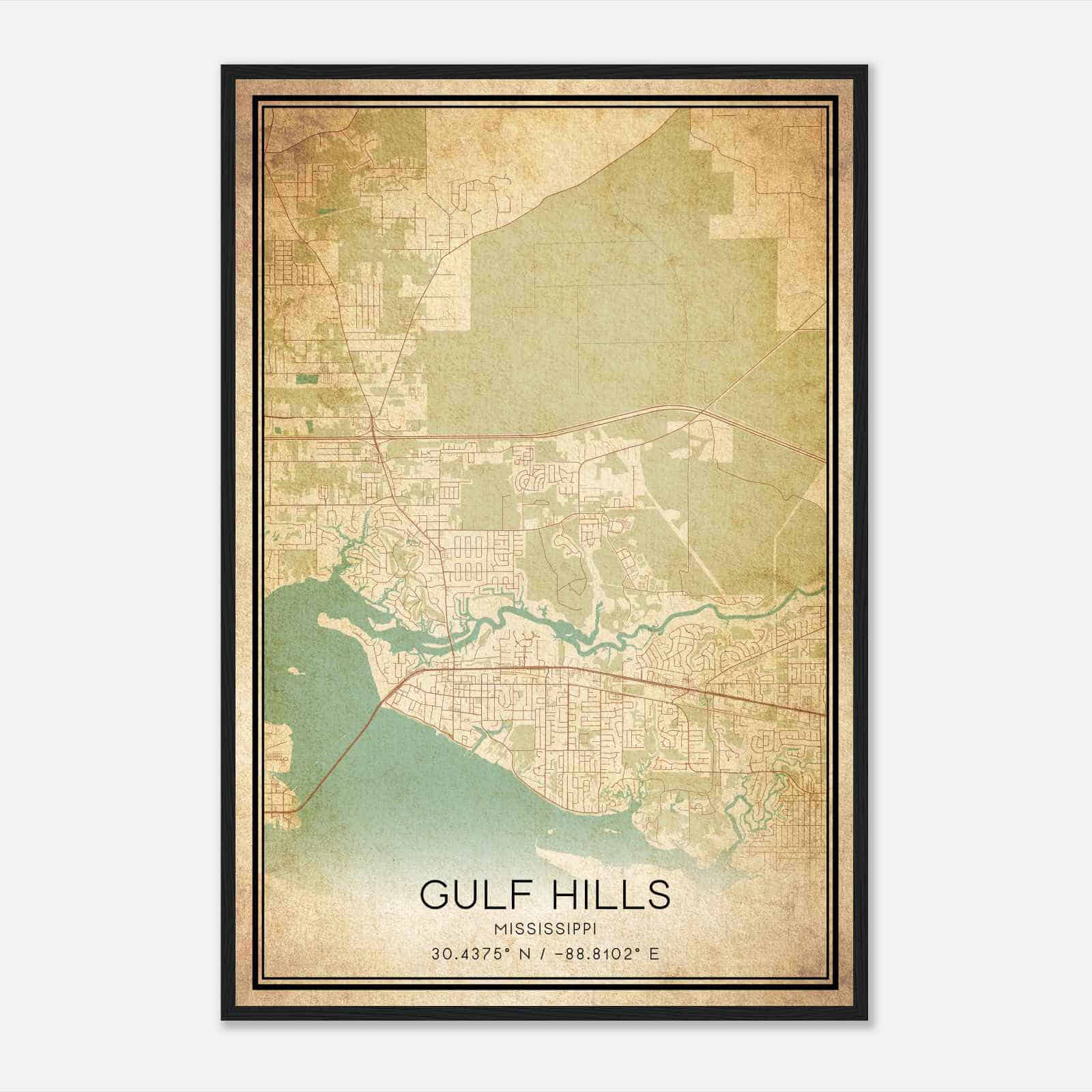 Vintage Gulf Hills Mississippi Map Poster, Modern Home Decor Wall Art Print