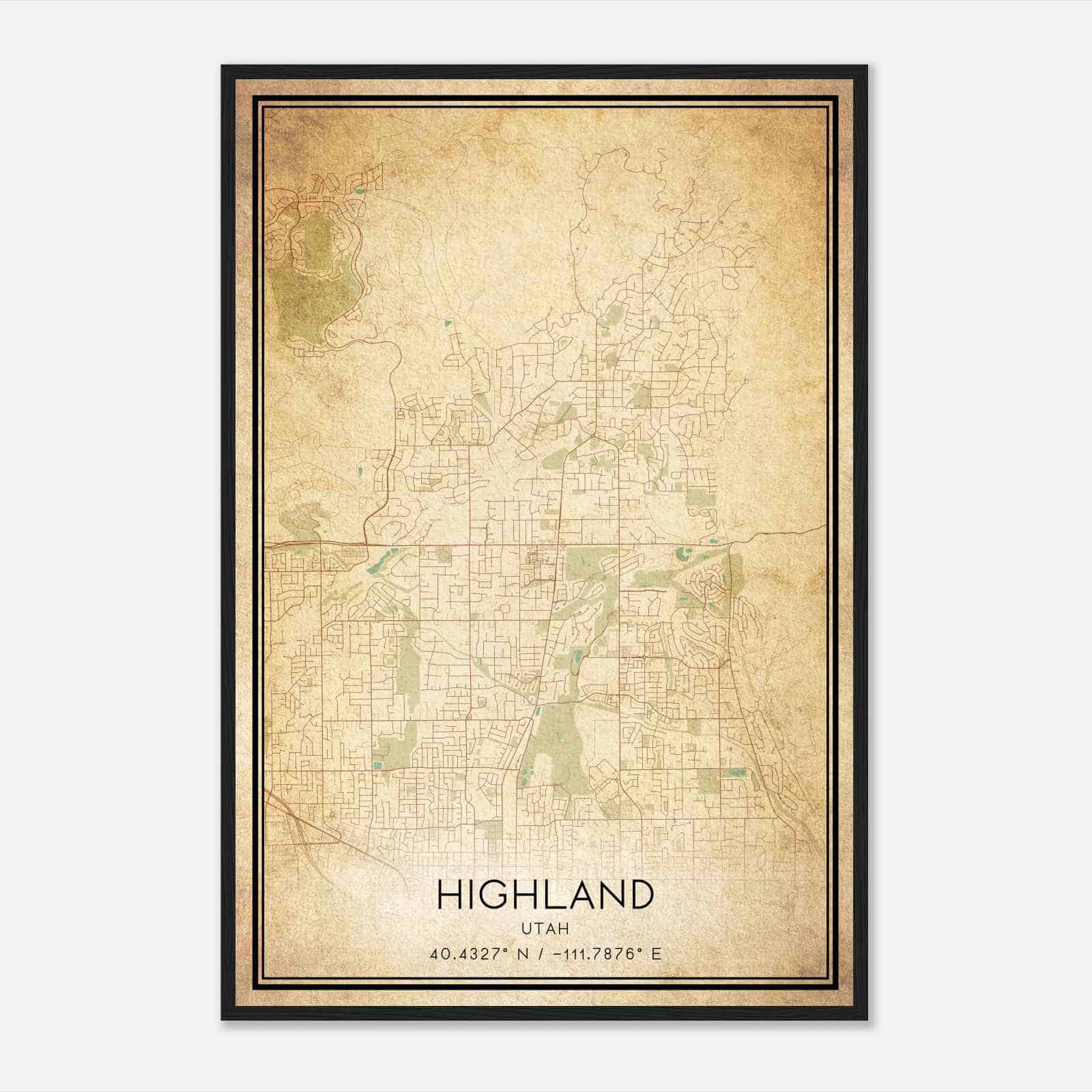 Vintage Highland Utah Map Poster, Modern Home Decor Wall Art Print