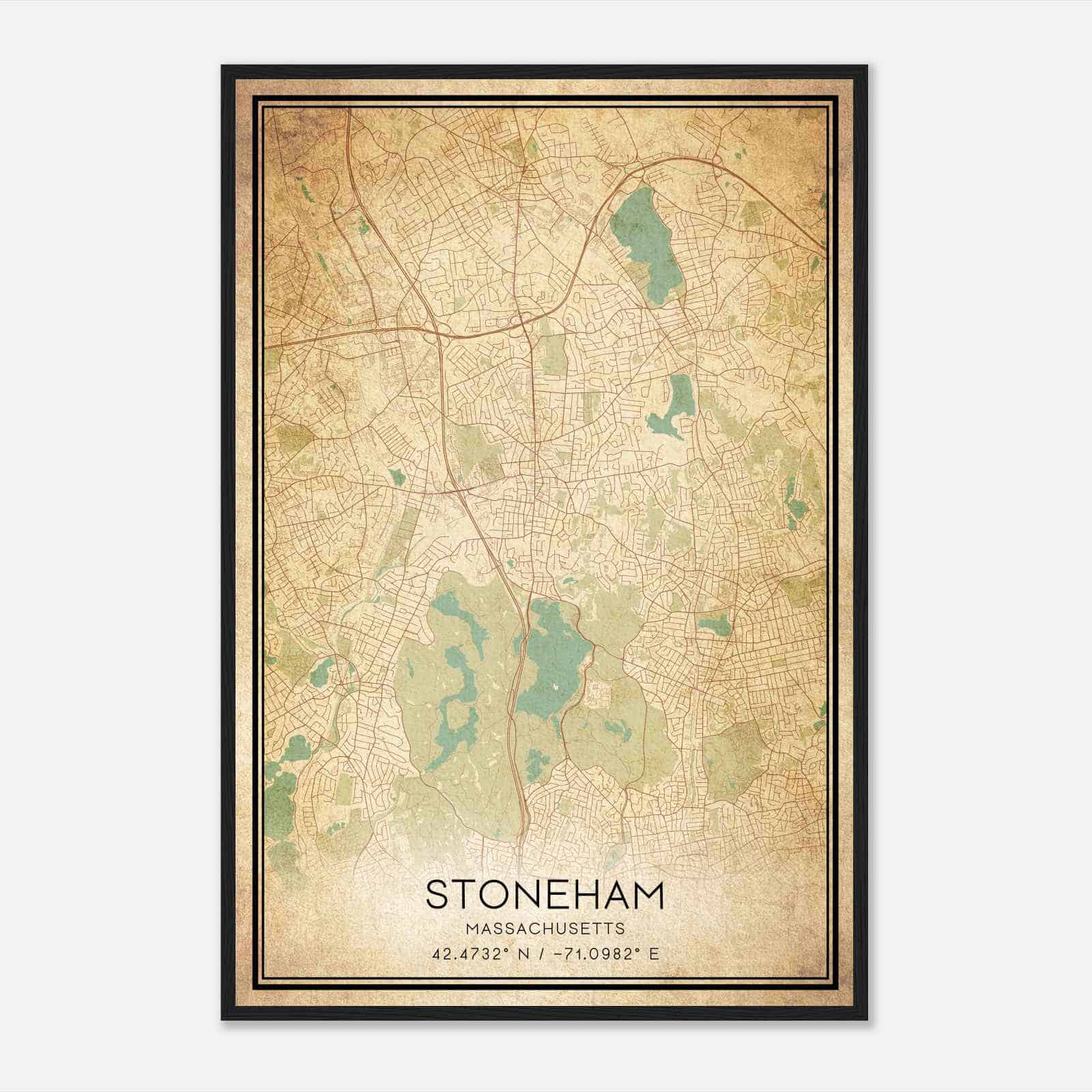 Vintage Stoneham Massachusetts Map Poster, Modern Home Decor Wall Art Print