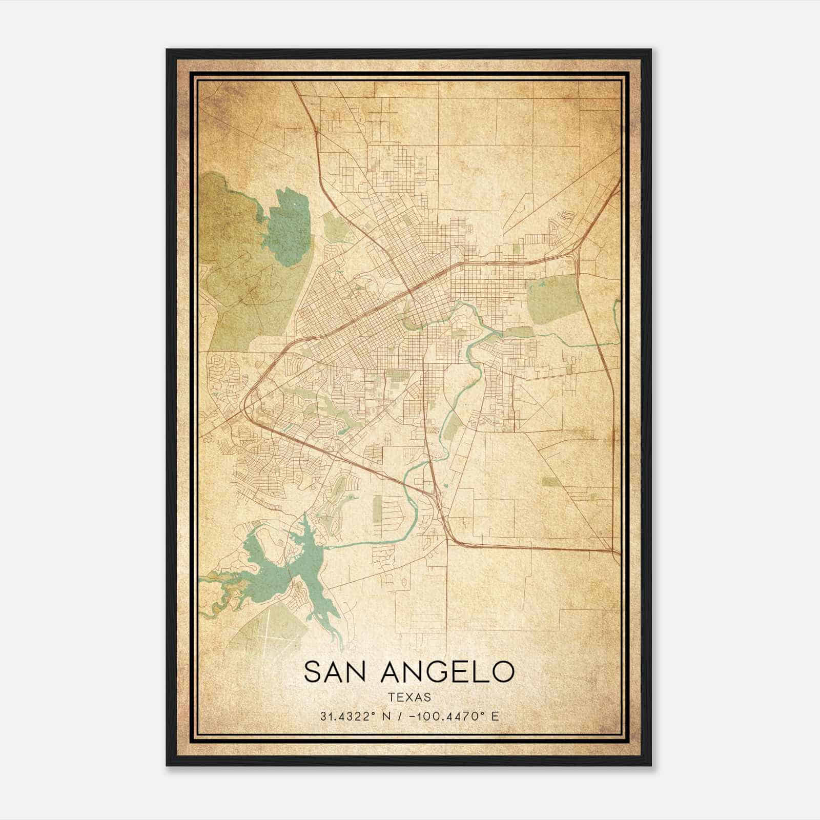 Vintage San Angelo Texas Map Poster, Modern Home Decor Wall Art Print