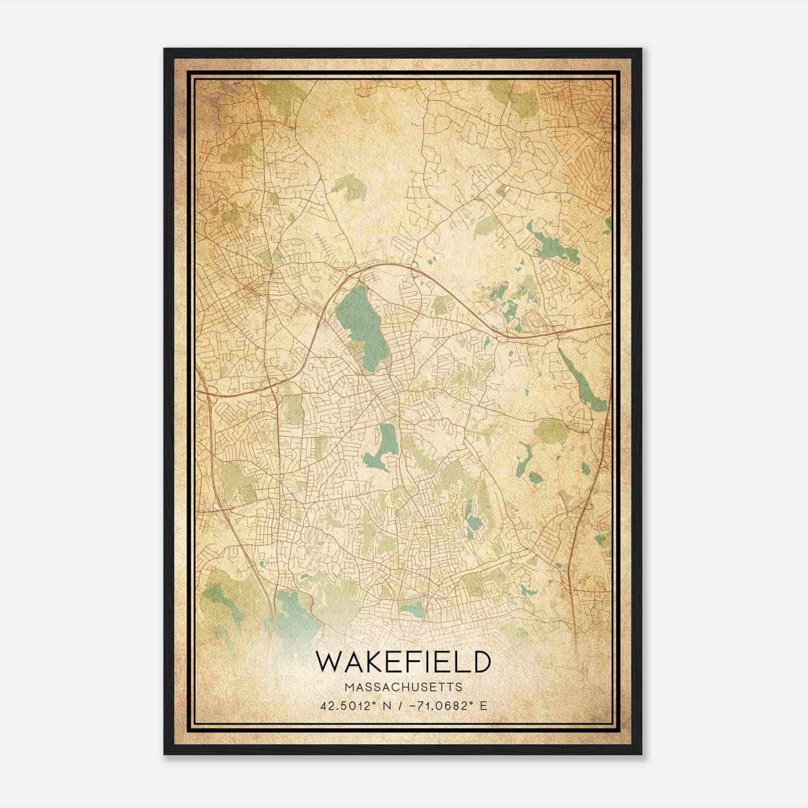 Vintage Wakefield Massachusetts Map Poster, Modern Home Decor Wall Art Print