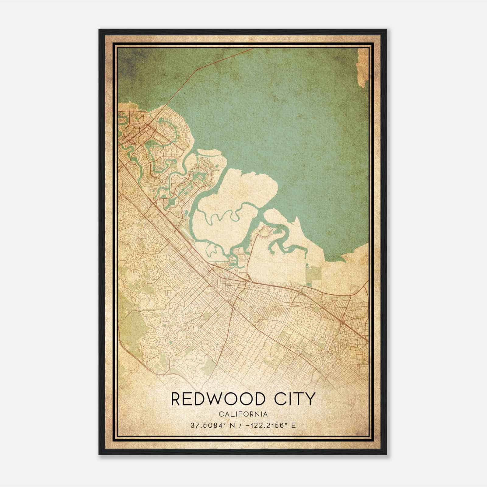 Vintage Redwood City California Map Poster, Modern Home Decor Wall Art Print
