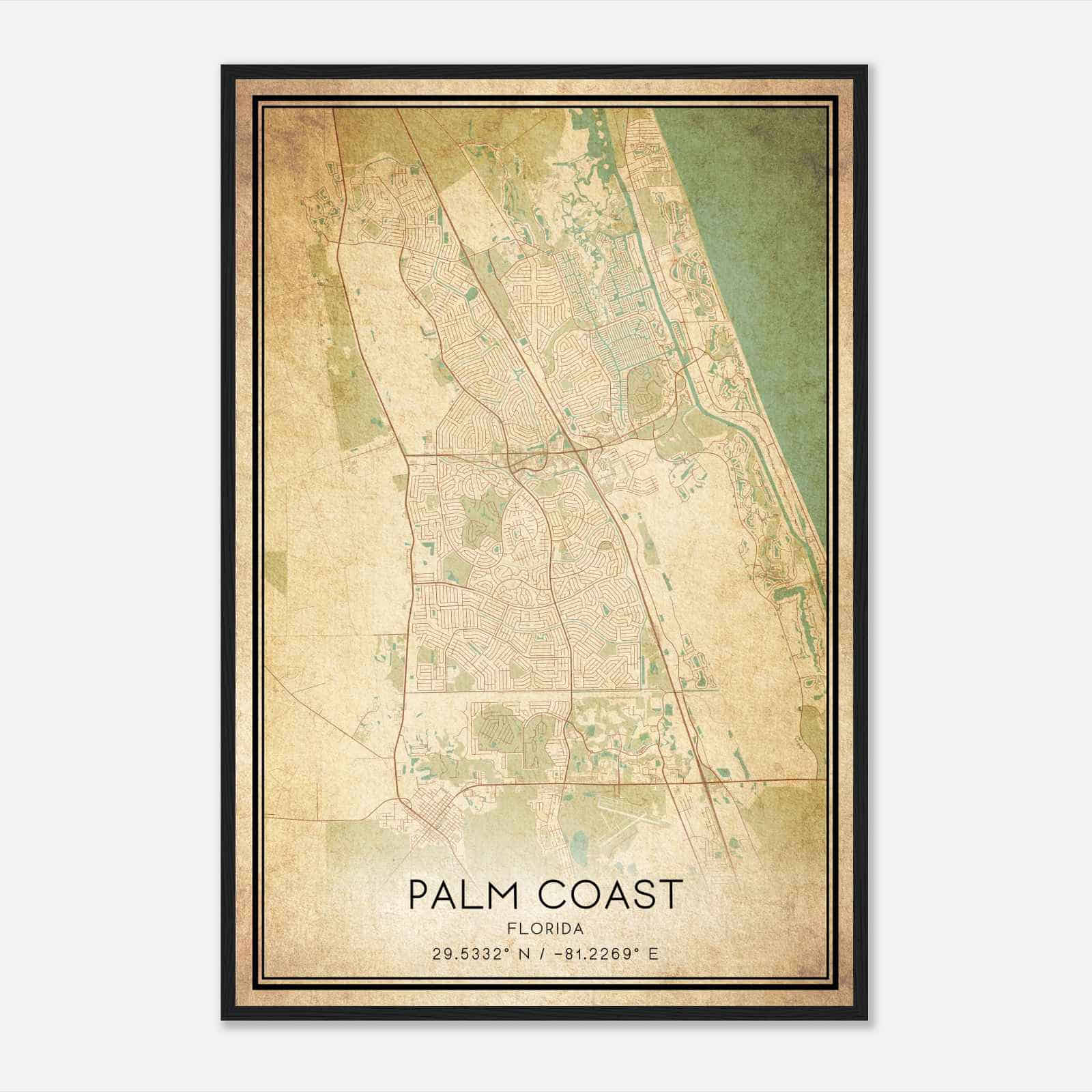Vintage Palm Coast Florida Map Poster, Modern Home Decor Wall Art Print