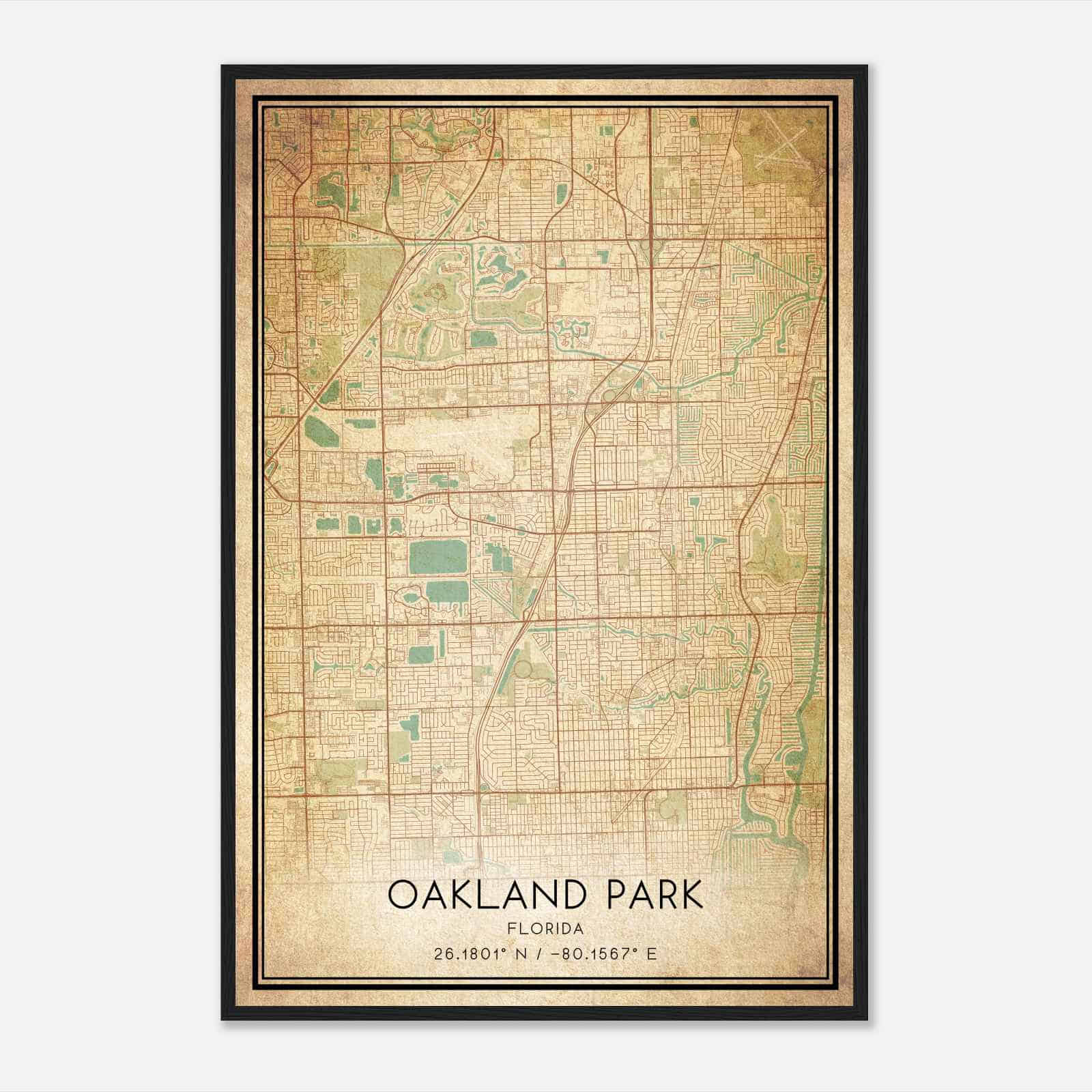 Vintage Oakland Park Florida Map Poster, Modern Home Decor Wall Art Print
