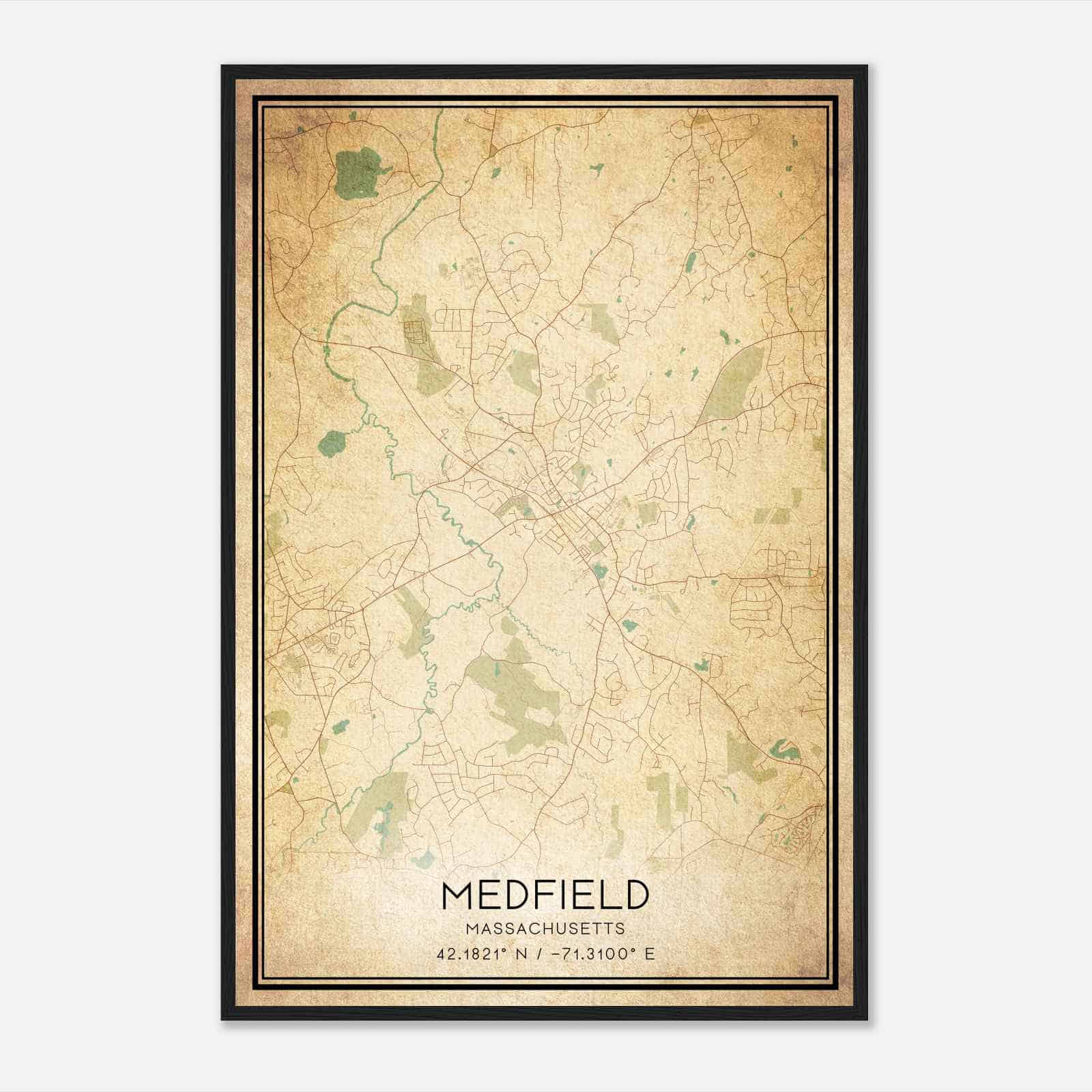 Vintage Medfield Massachusetts Map Poster, Modern Home Decor Wall Art Print