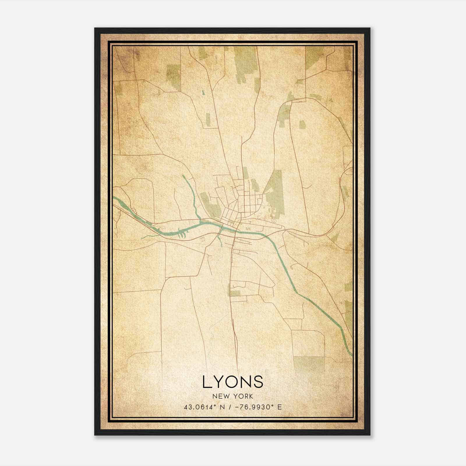 Vintage Lyons New York Map Poster, Modern Home Decor Wall Art Print