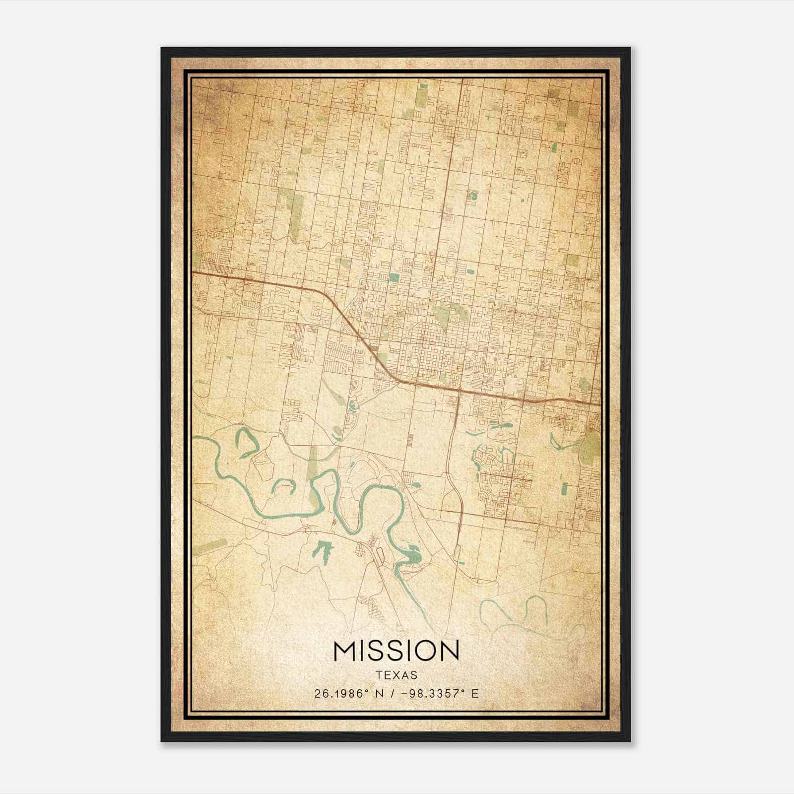 Vintage Mission Texas Map Poster, Modern Home Decor Wall Art Print