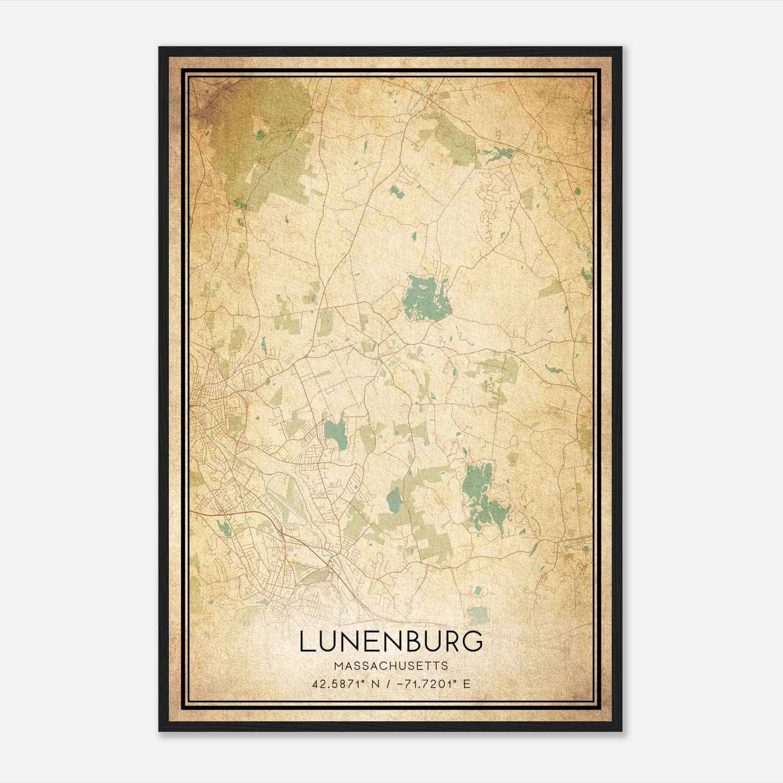 Vintage Lunenburg Massachusetts Map Poster, Modern Home Decor Wall Art Print