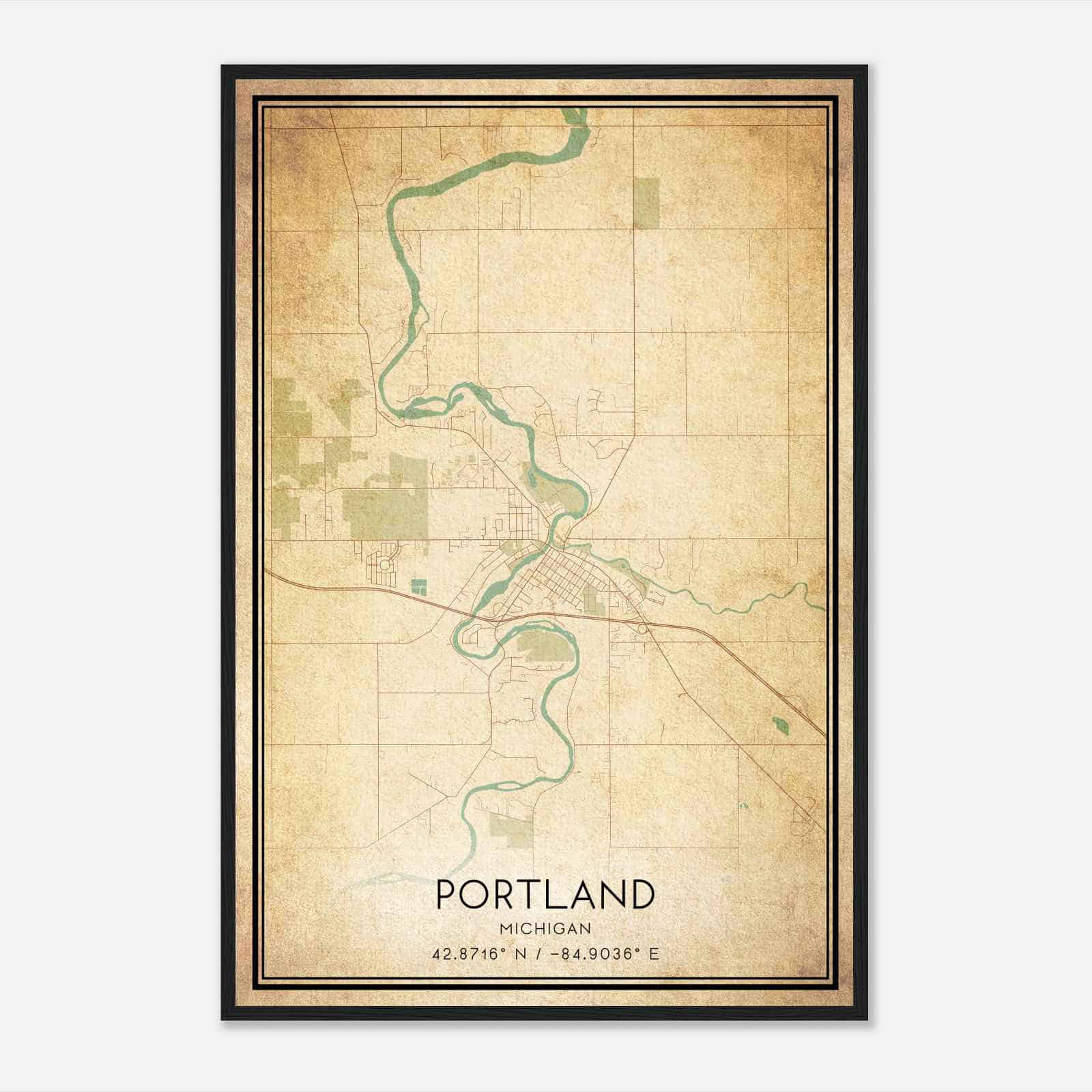 Vintage Portland Michigan Map Poster, Modern Home Decor Wall Art Print