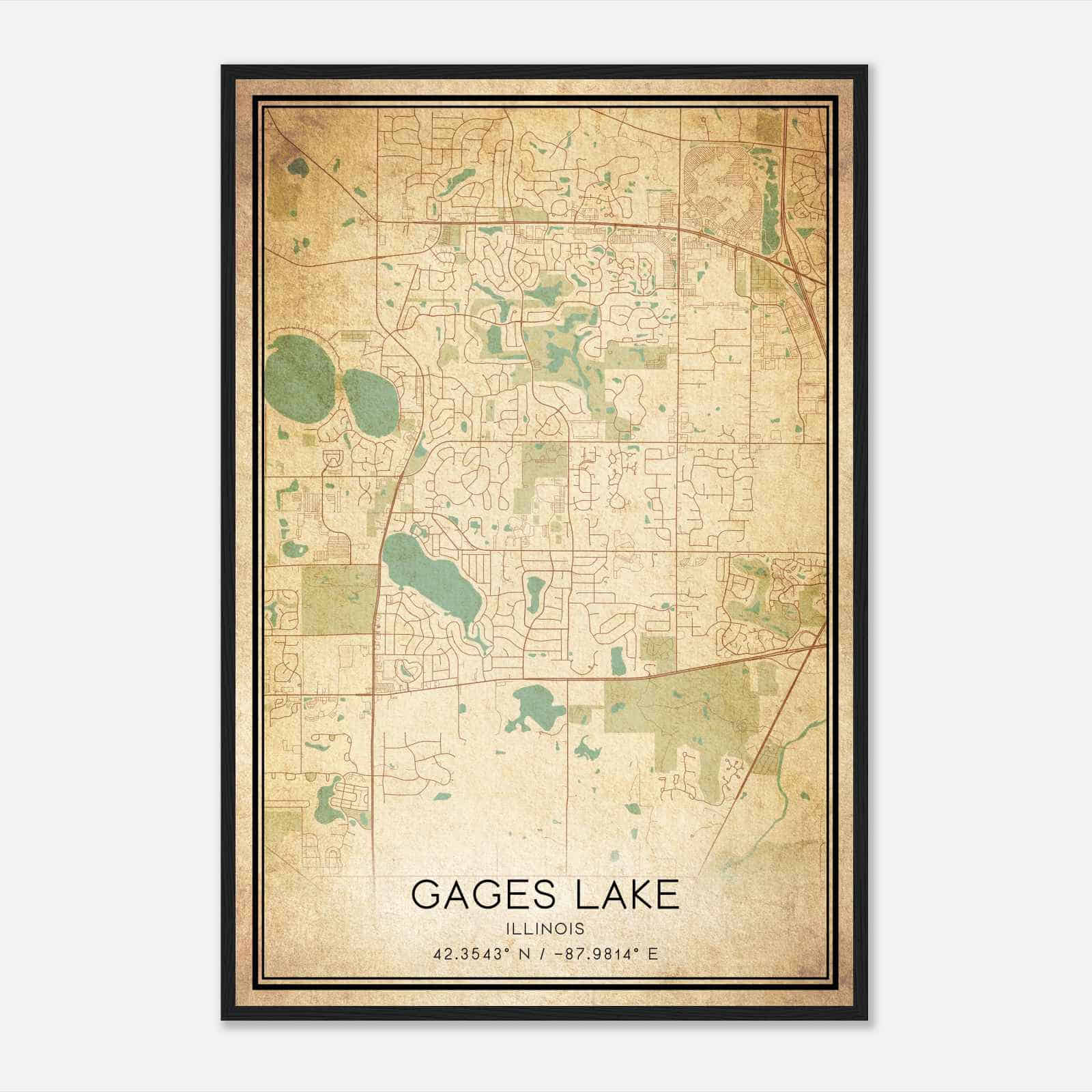 Vintage Gages Lake Illinois Map Poster, Modern Home Decor Wall Art Print