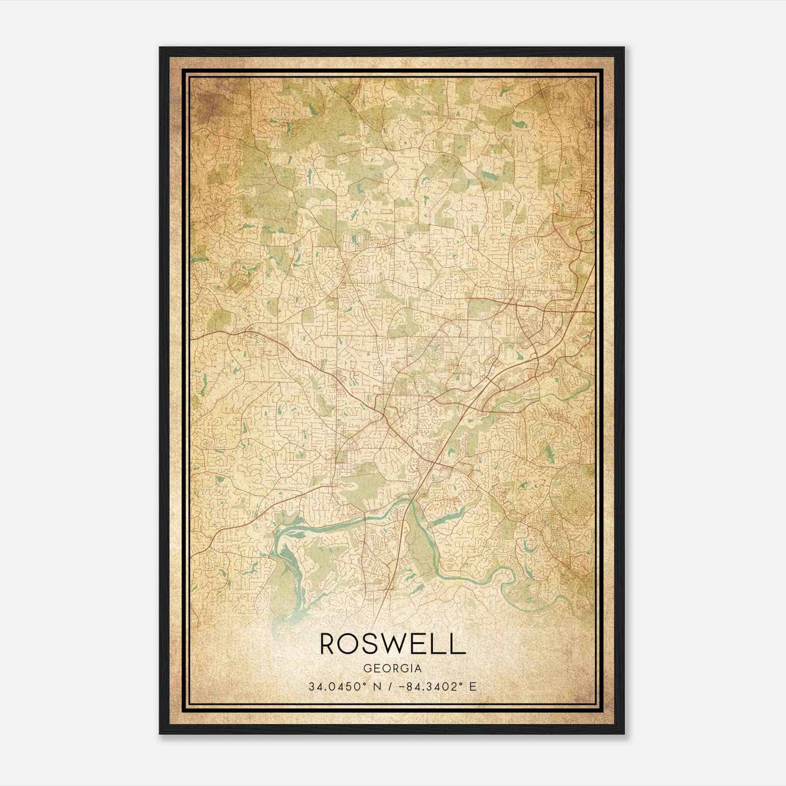 Vintage Roswell Georgia Map Poster, Modern Home Decor Wall Art Print