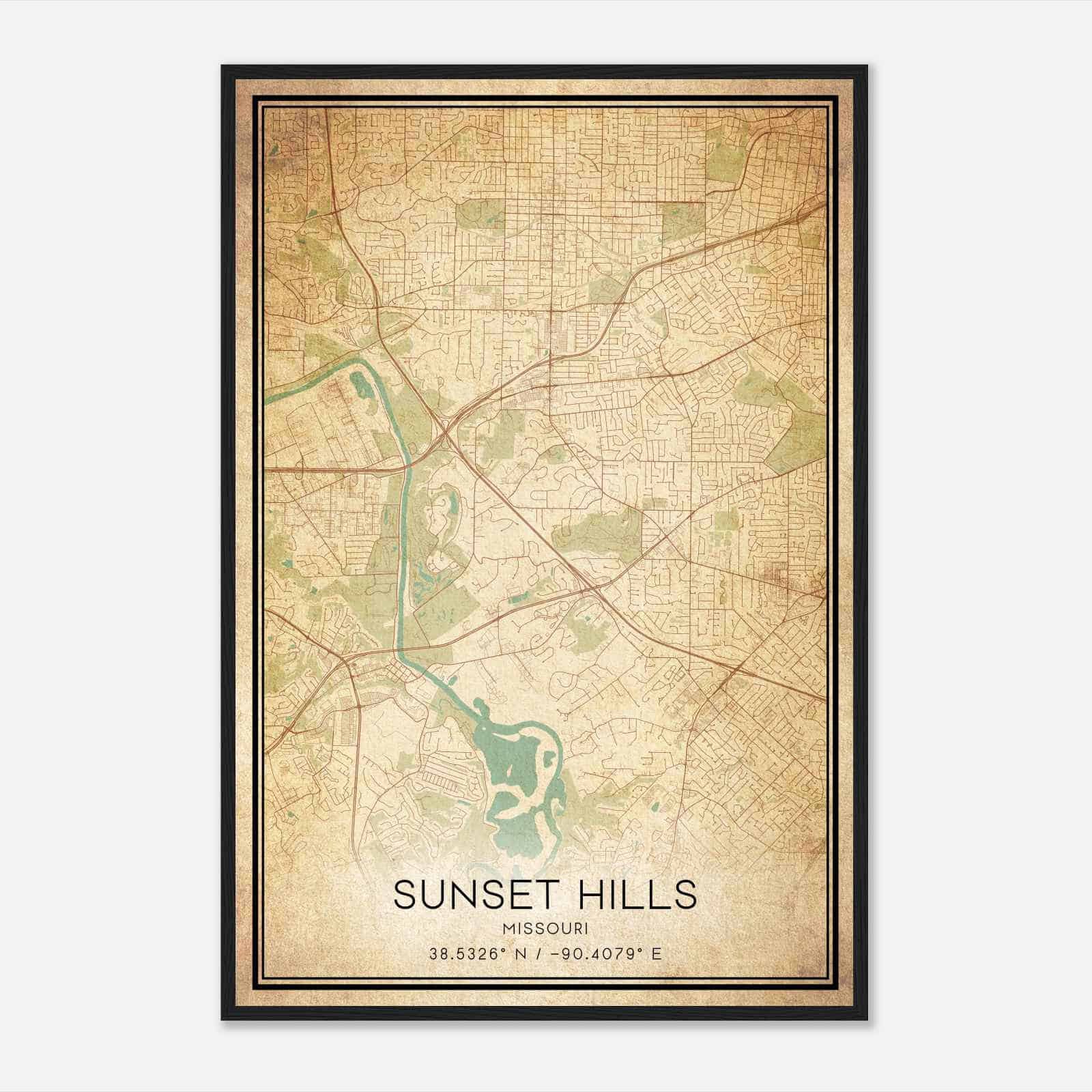Vintage Sunset Hills Missouri Map Poster, Modern Home Decor Wall Art Print