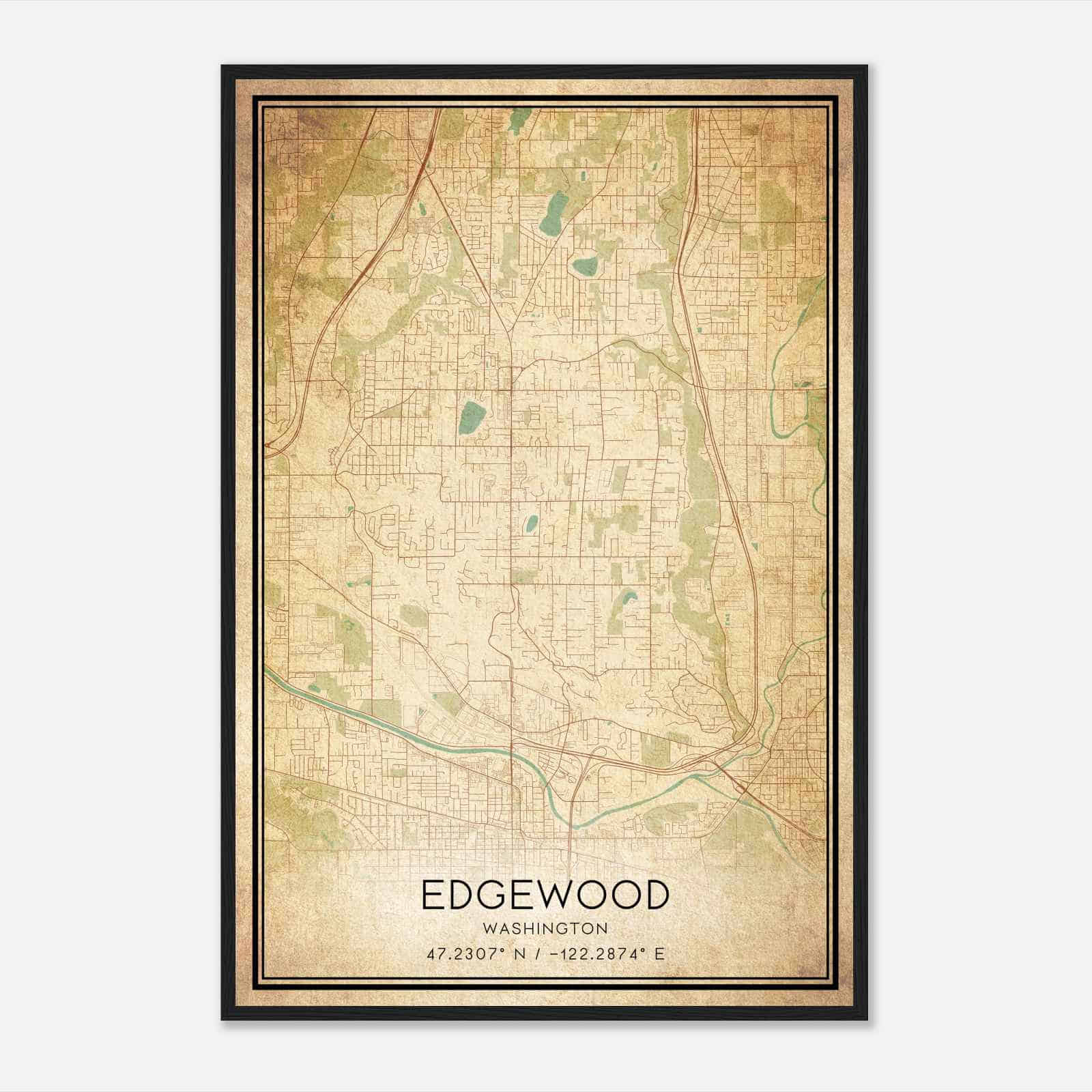 Vintage Edgewood Washington Map Poster, Modern Home Decor Wall Art Print