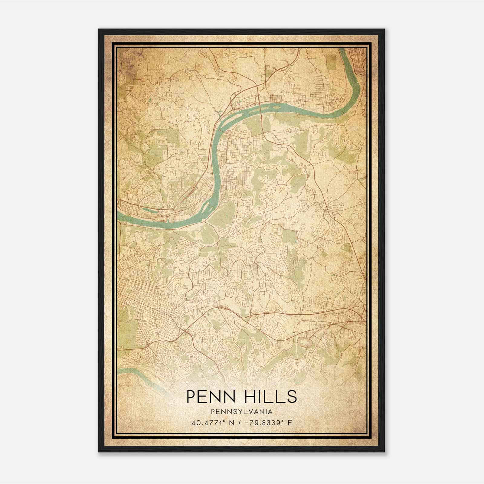Vintage Penn Hills Pennsylvania Map Poster, Modern Home Decor Wall Art Print