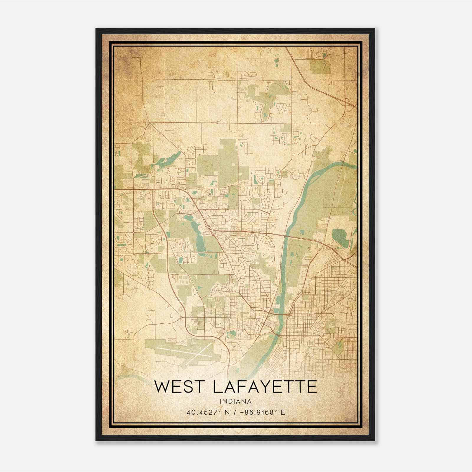 Vintage West Lafayette Indiana Map Poster, Modern Home Decor Wall Art Print