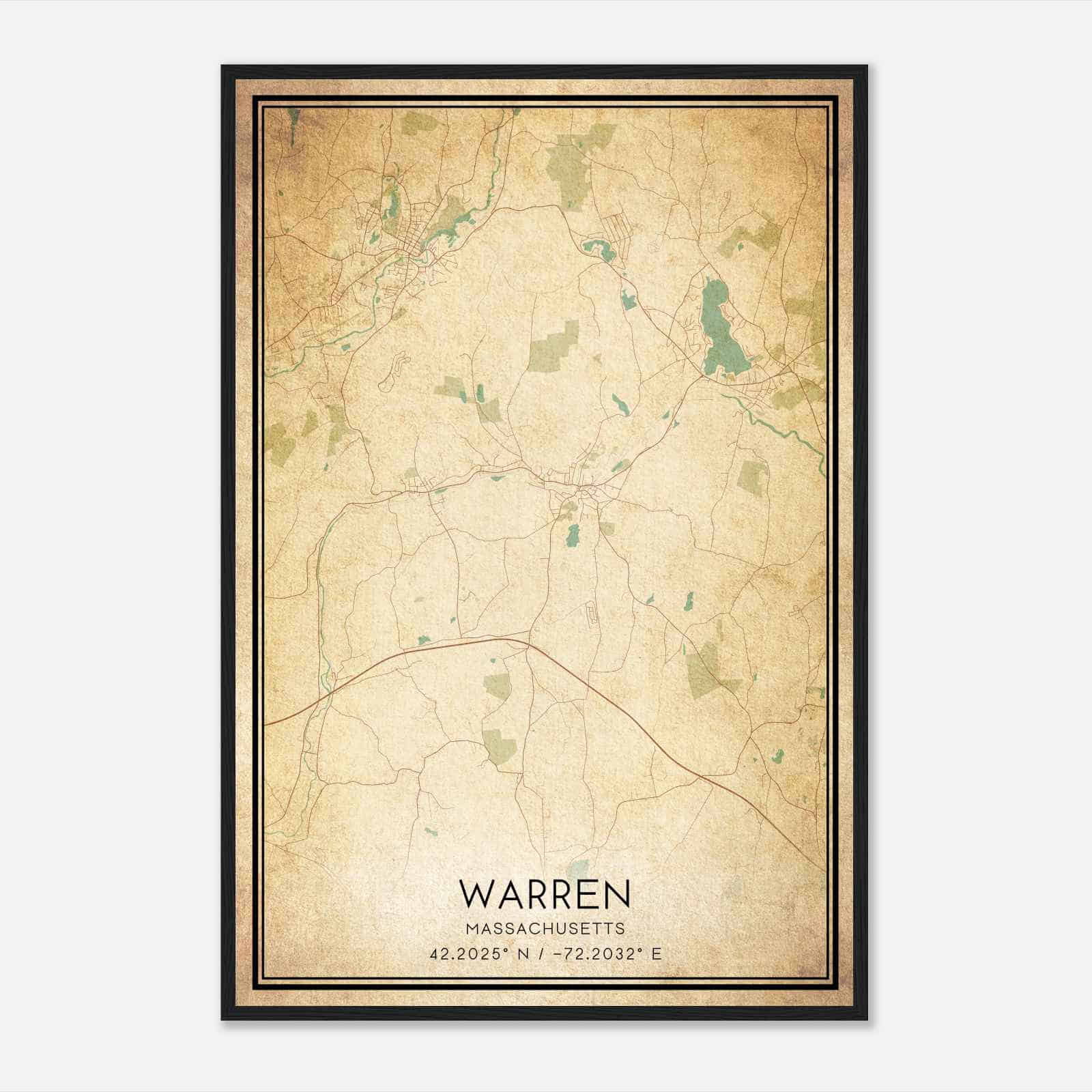 Vintage Warren Massachusetts Map Poster, Modern Home Decor Wall Art Print