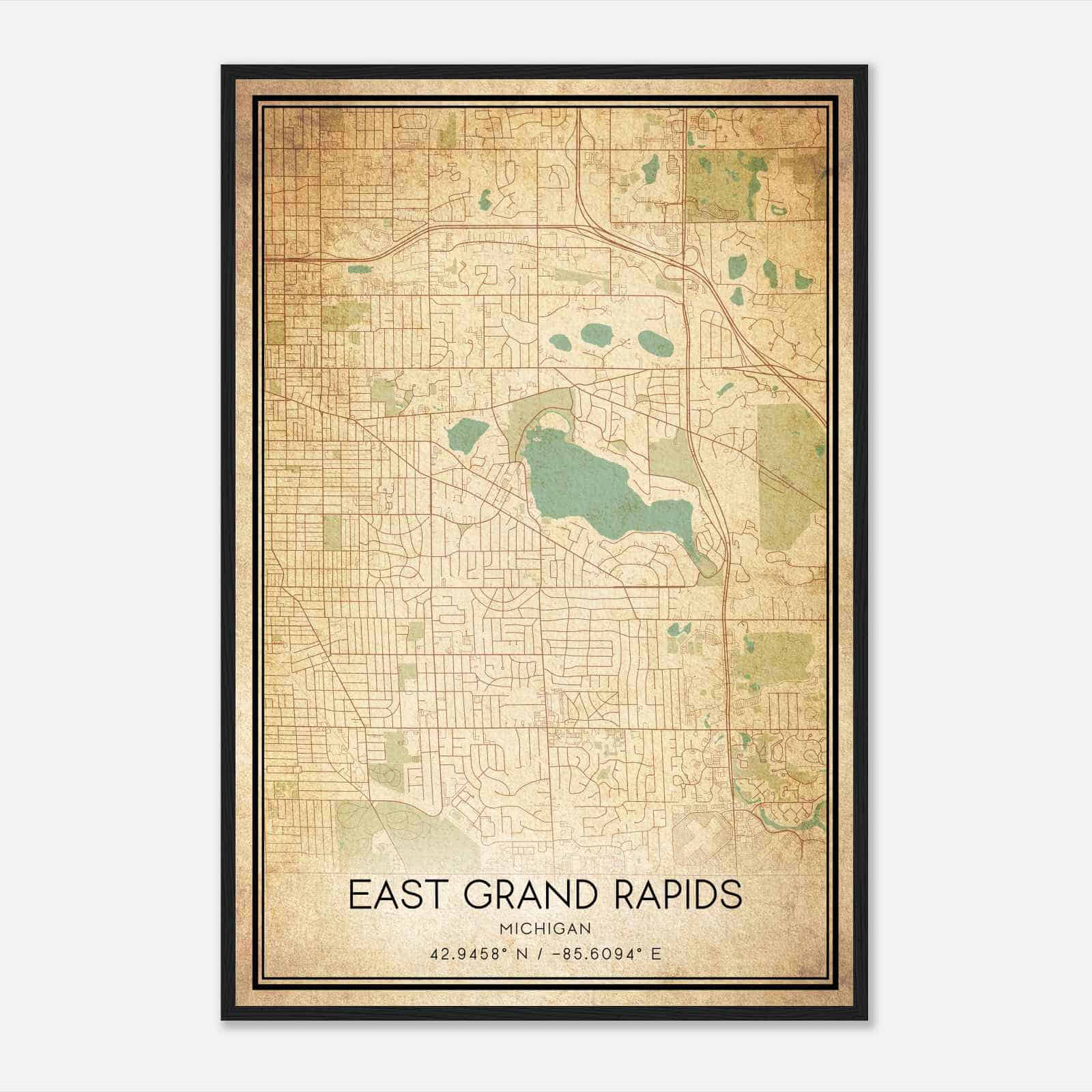 Vintage East Grand Rapids Michigan Map Poster, Modern Home Decor Wall Art Print