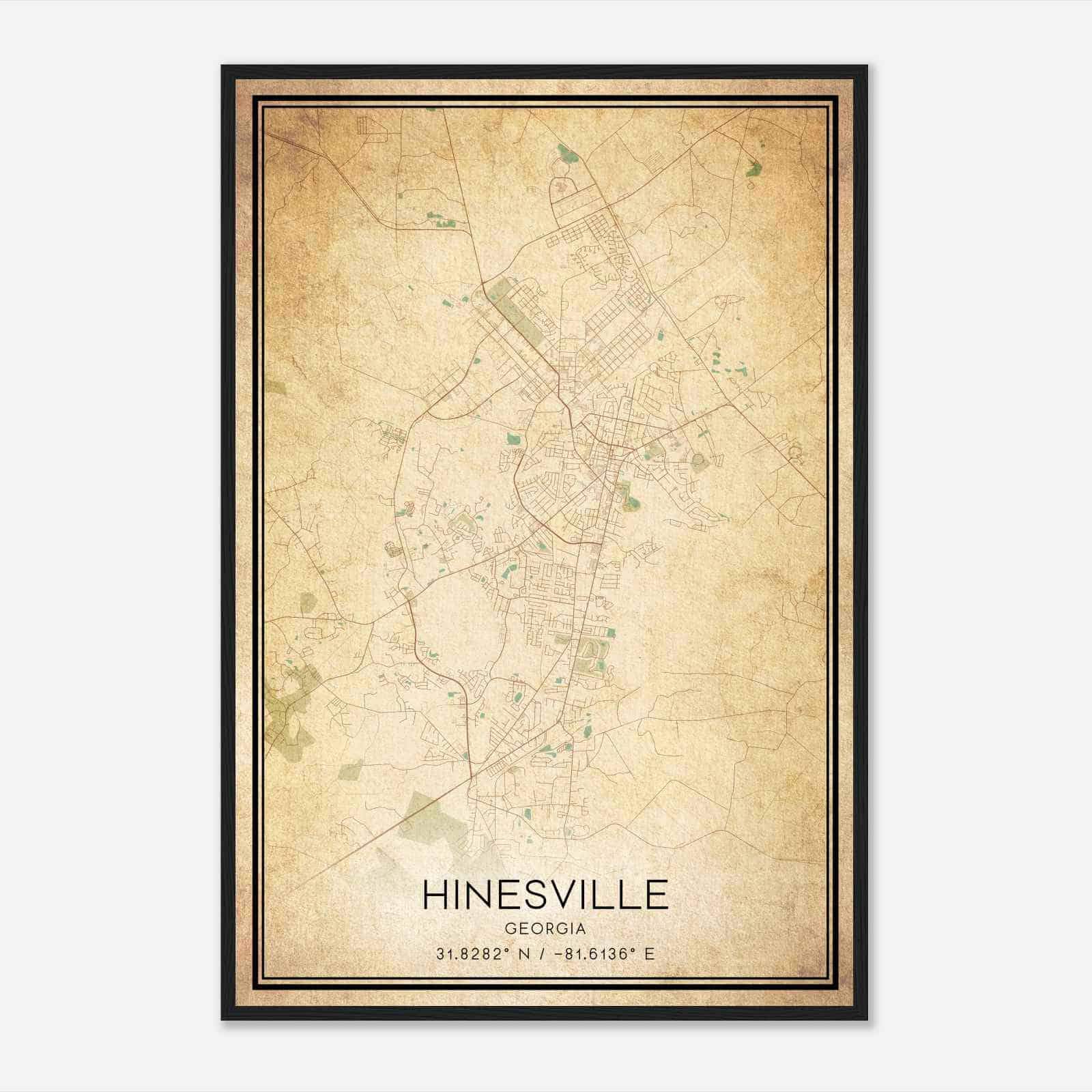 Vintage Hinesville Georgia Map Poster, Modern Home Decor Wall Art Print