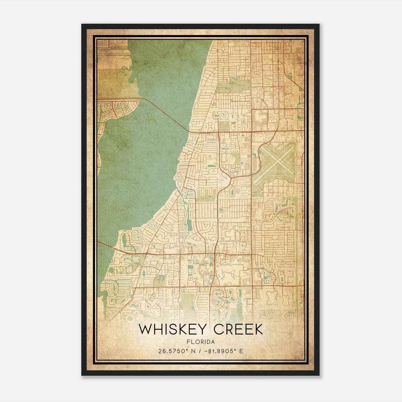Vintage Whiskey Creek Florida Map Poster, Modern Home Decor Wall Art Print