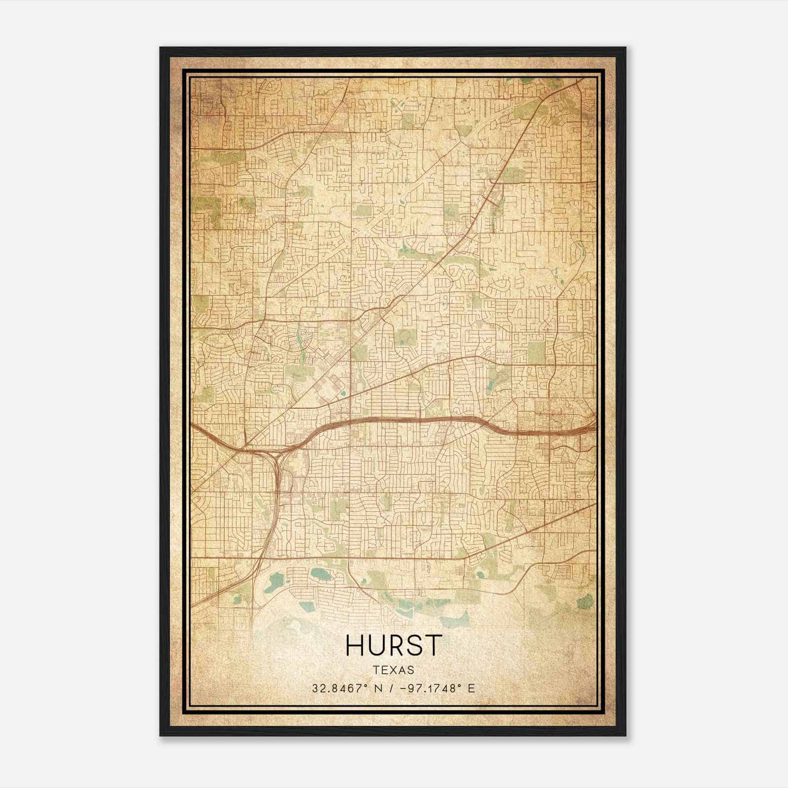 Vintage Hurst Texas Map Poster, Modern Home Decor Wall Art Print