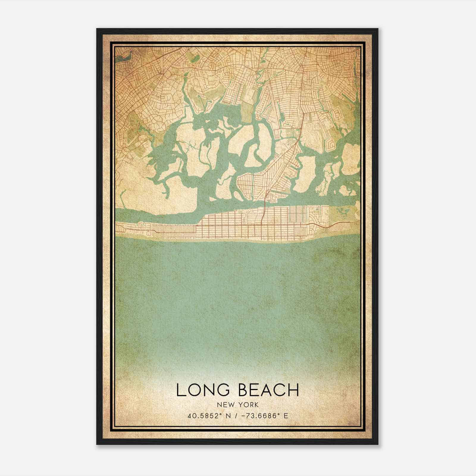 Vintage Long Beach New York Map Poster, Modern Home Decor Wall Art Print